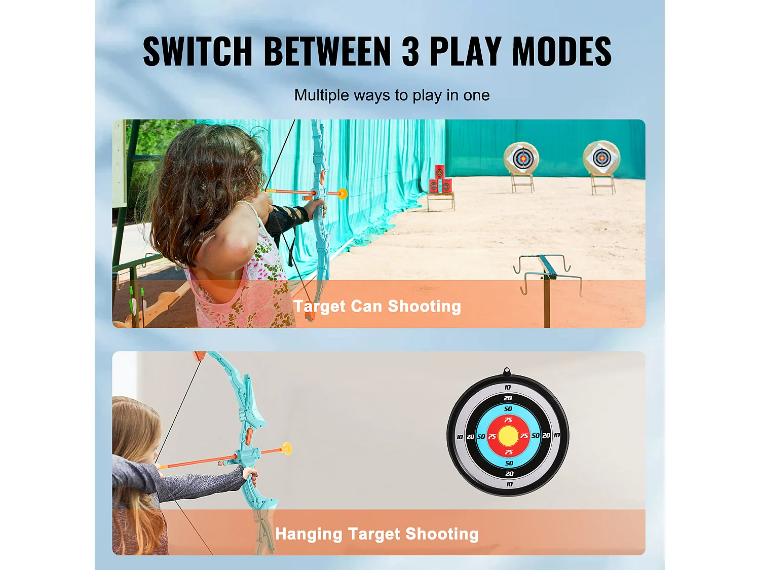 Ensemble Arc et Flèches SucceBuy pour Enfants, 10 Flèches à Ventouse, Cible Suspendue, Carquois, 3 Canettes de Cible, en Plein air Lumineux à LED