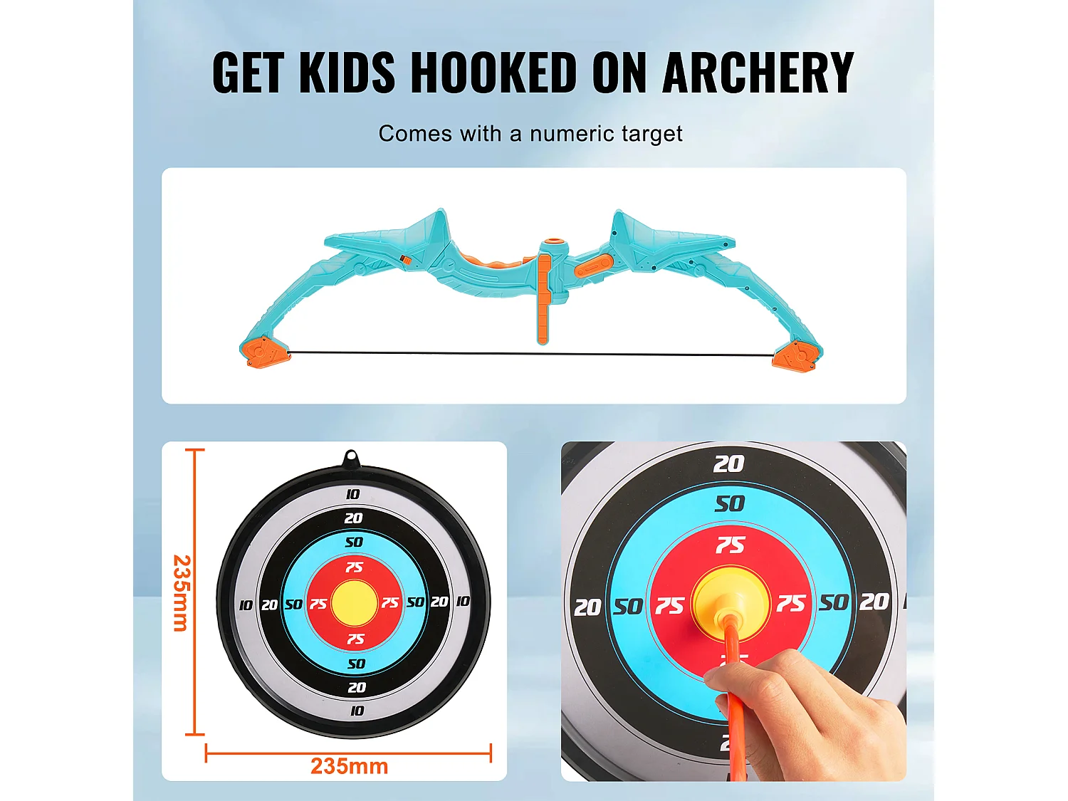 Ensemble Arc et Flèches SucceBuy pour Enfants, 10 Flèches à Ventouse, Cible Suspendue, Carquois, 3 Canettes de Cible, en Plein air Lumineux à LED