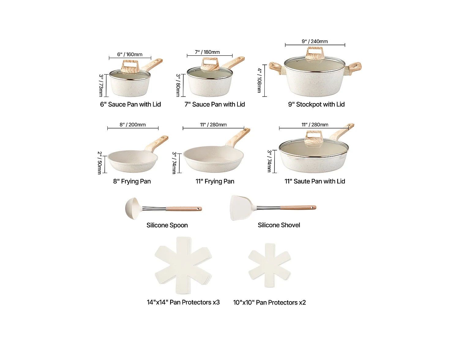 Batterie de Cuisine SucceBuy Batterie de Cuisine en Granit Antiadhésif 17 Pièces-Poêles et Poêles de Cuisine Blanches