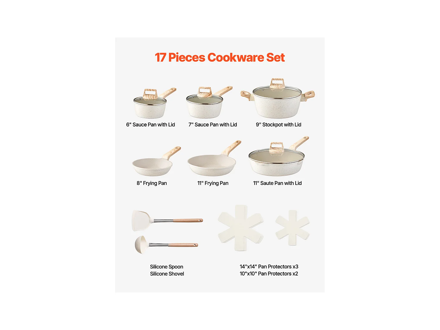 Batterie de Cuisine SucceBuy Batterie de Cuisine en Granit Antiadhésif 17 Pièces-Poêles et Poêles de Cuisine Blanches