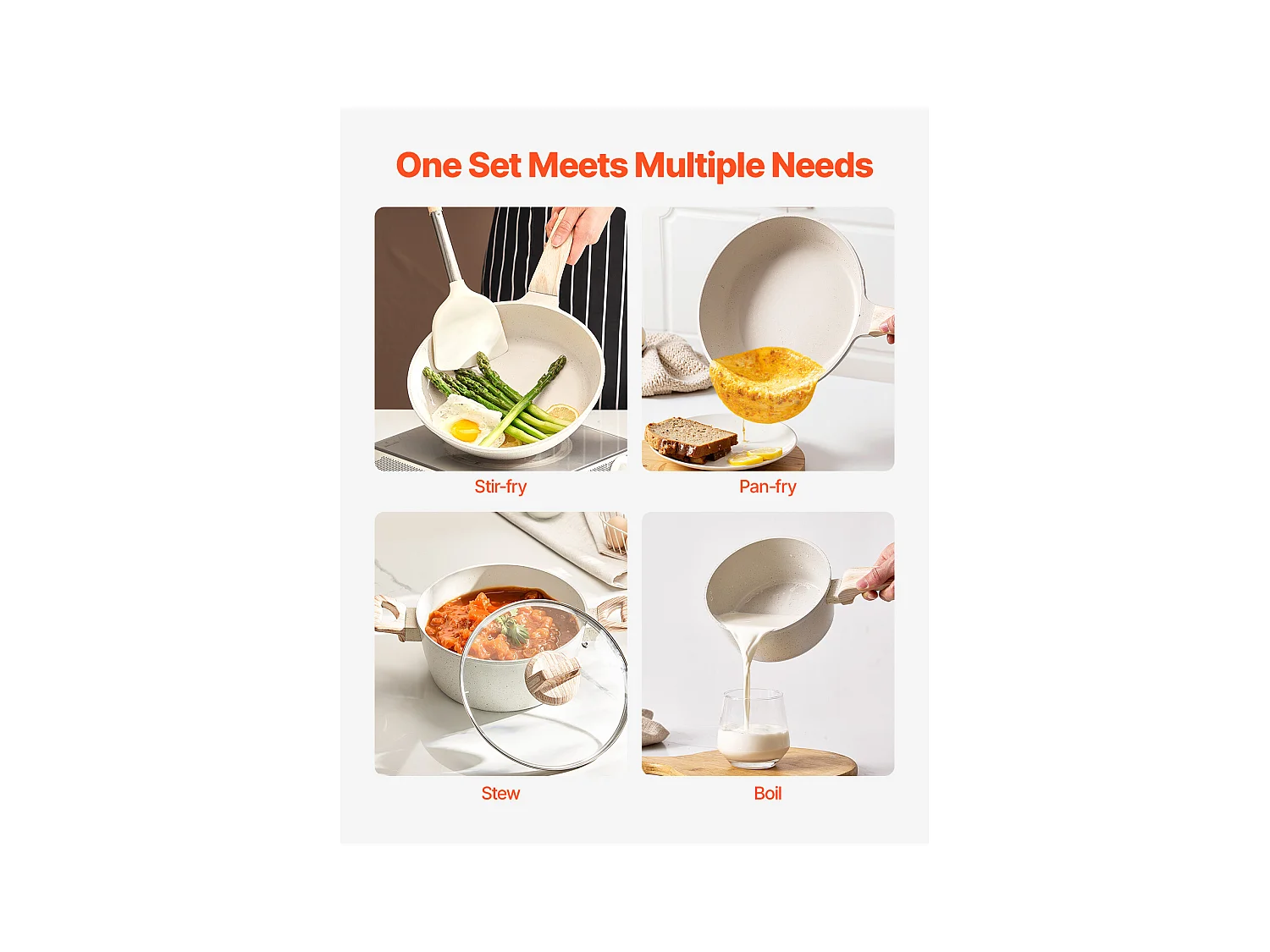 Batterie de Cuisine SucceBuy Batterie de Cuisine en Granit Antiadhésif 17 Pièces-Poêles et Poêles de Cuisine Blanches