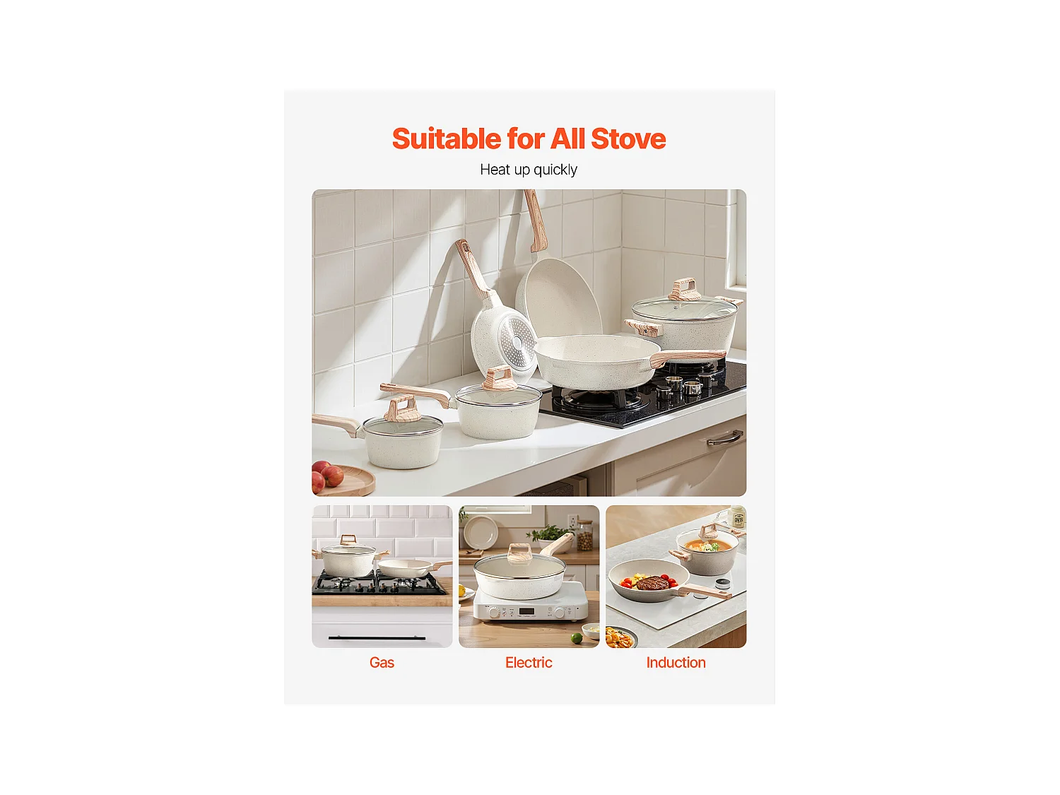 Batterie de Cuisine SucceBuy Batterie de Cuisine en Granit Antiadhésif 17 Pièces-Poêles et Poêles de Cuisine Blanches