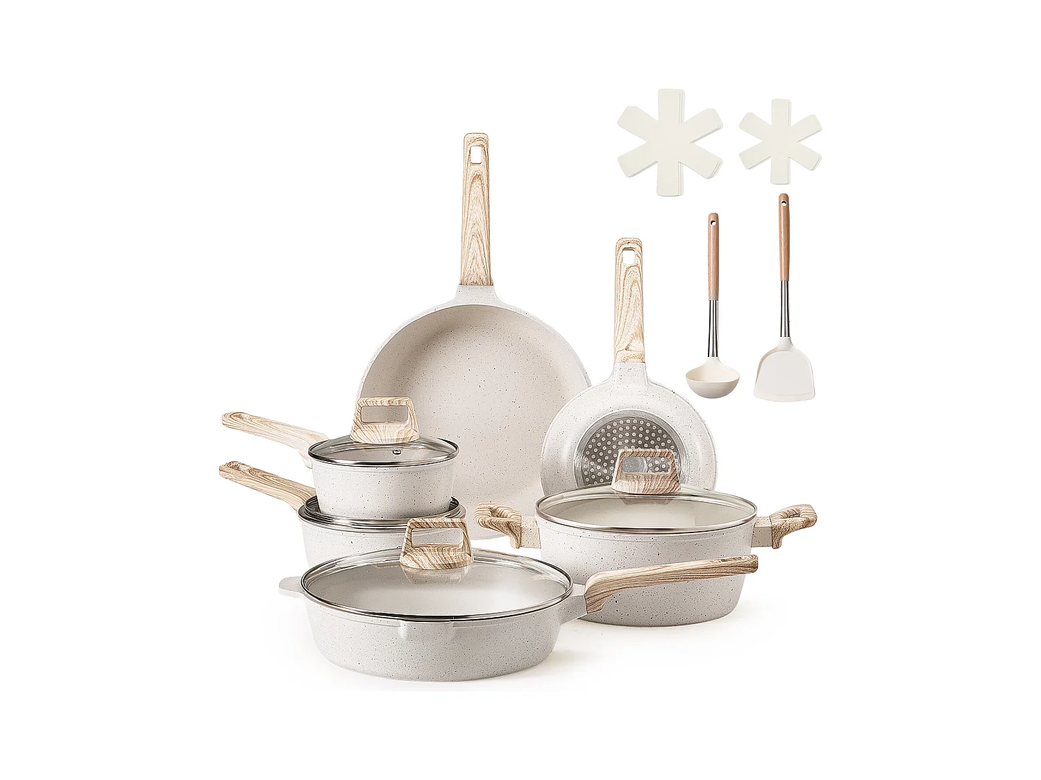 Batterie de Cuisine SucceBuy Batterie de Cuisine en Granit Antiadhésif 17 Pièces-Poêles et Poêles de Cuisine Blanches