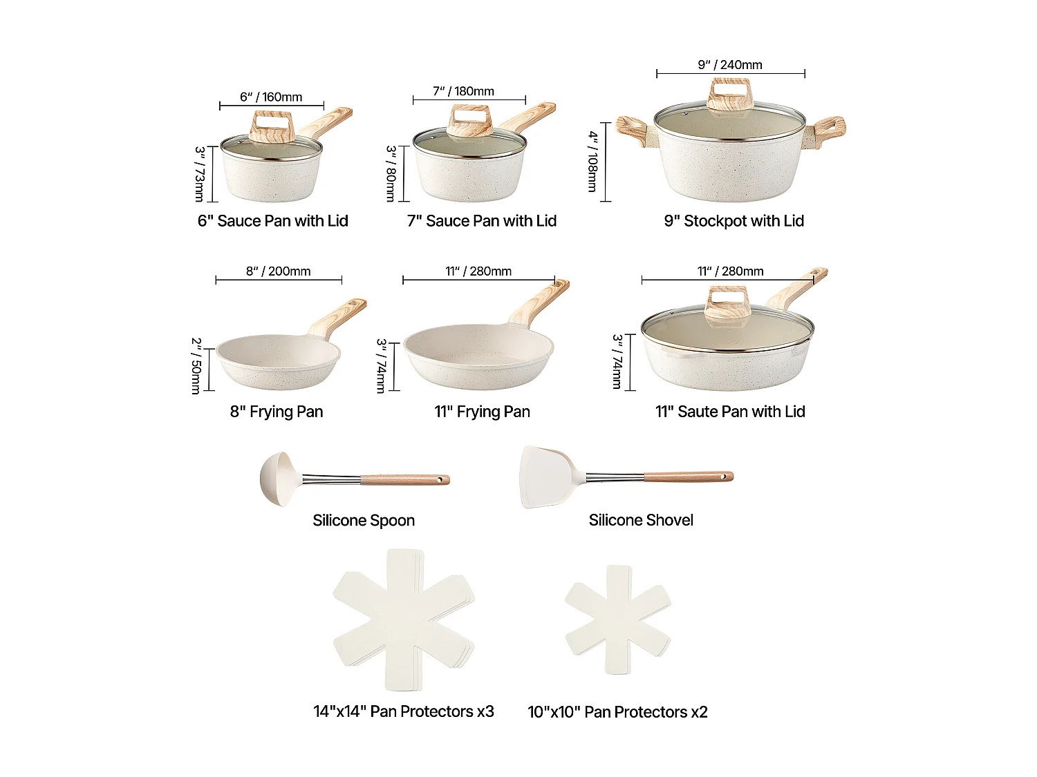 Batterie de Cuisine SucceBuy Batterie de Cuisine en Granit Antiadhésif 17 Pièces-Poêles et Poêles de Cuisine Blanches