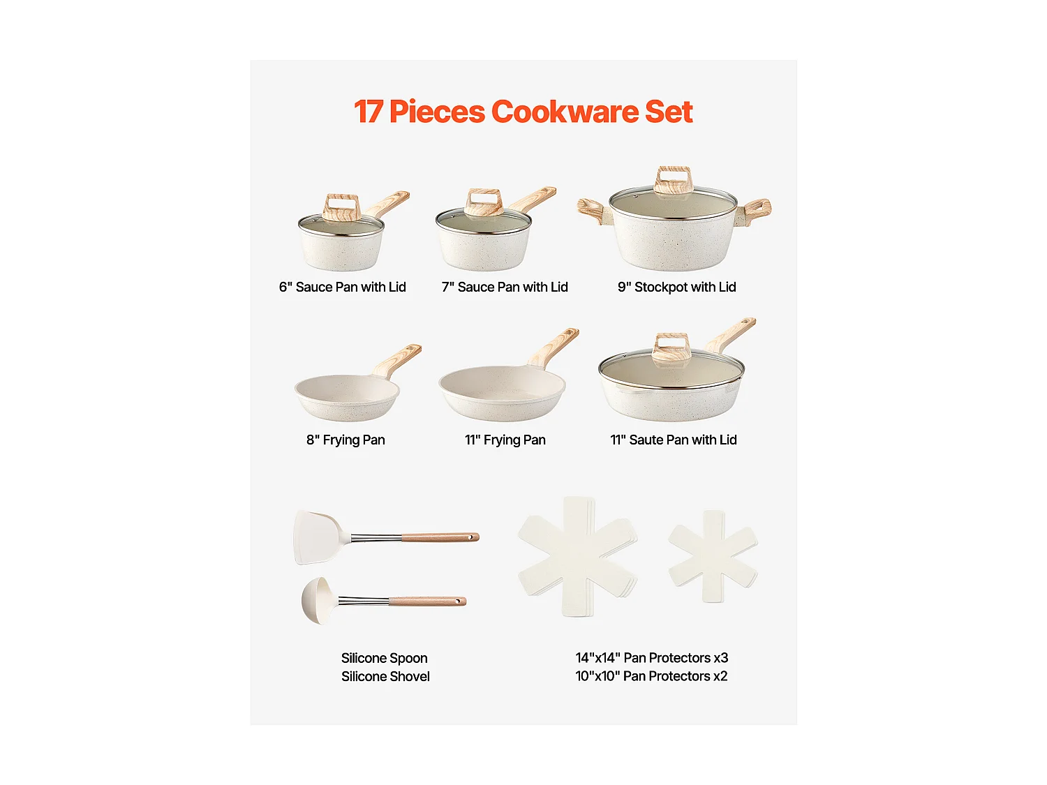 Batterie de Cuisine SucceBuy Batterie de Cuisine en Granit Antiadhésif 17 Pièces-Poêles et Poêles de Cuisine Blanches