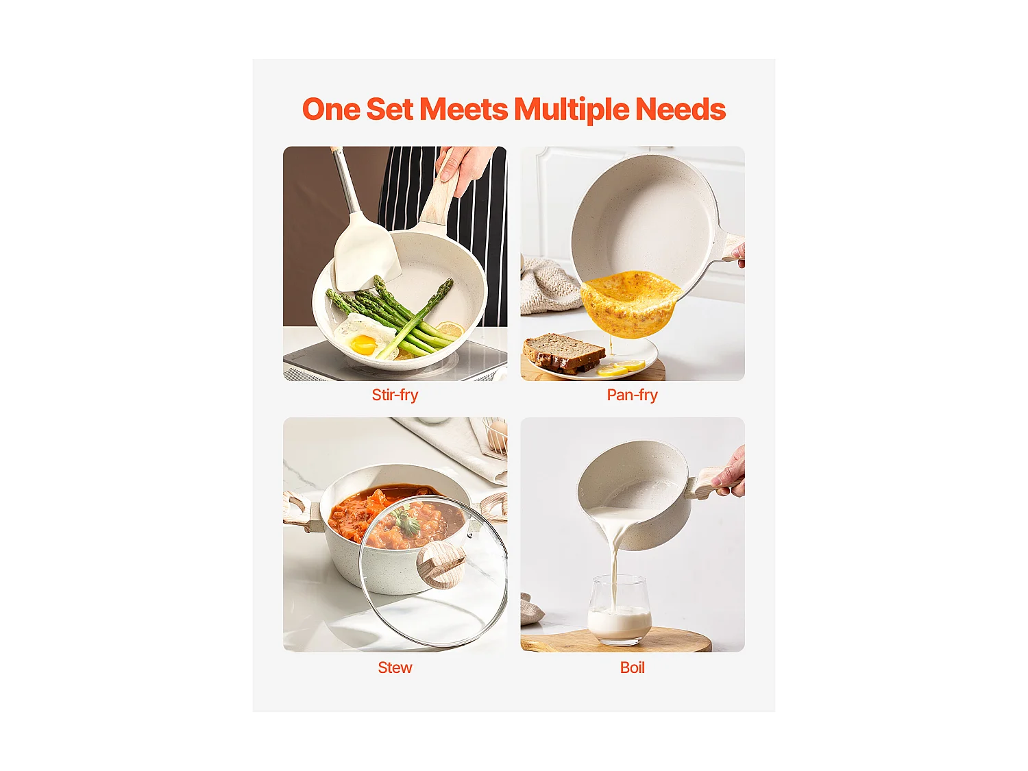 Batterie de Cuisine SucceBuy Batterie de Cuisine en Granit Antiadhésif 17 Pièces-Poêles et Poêles de Cuisine Blanches