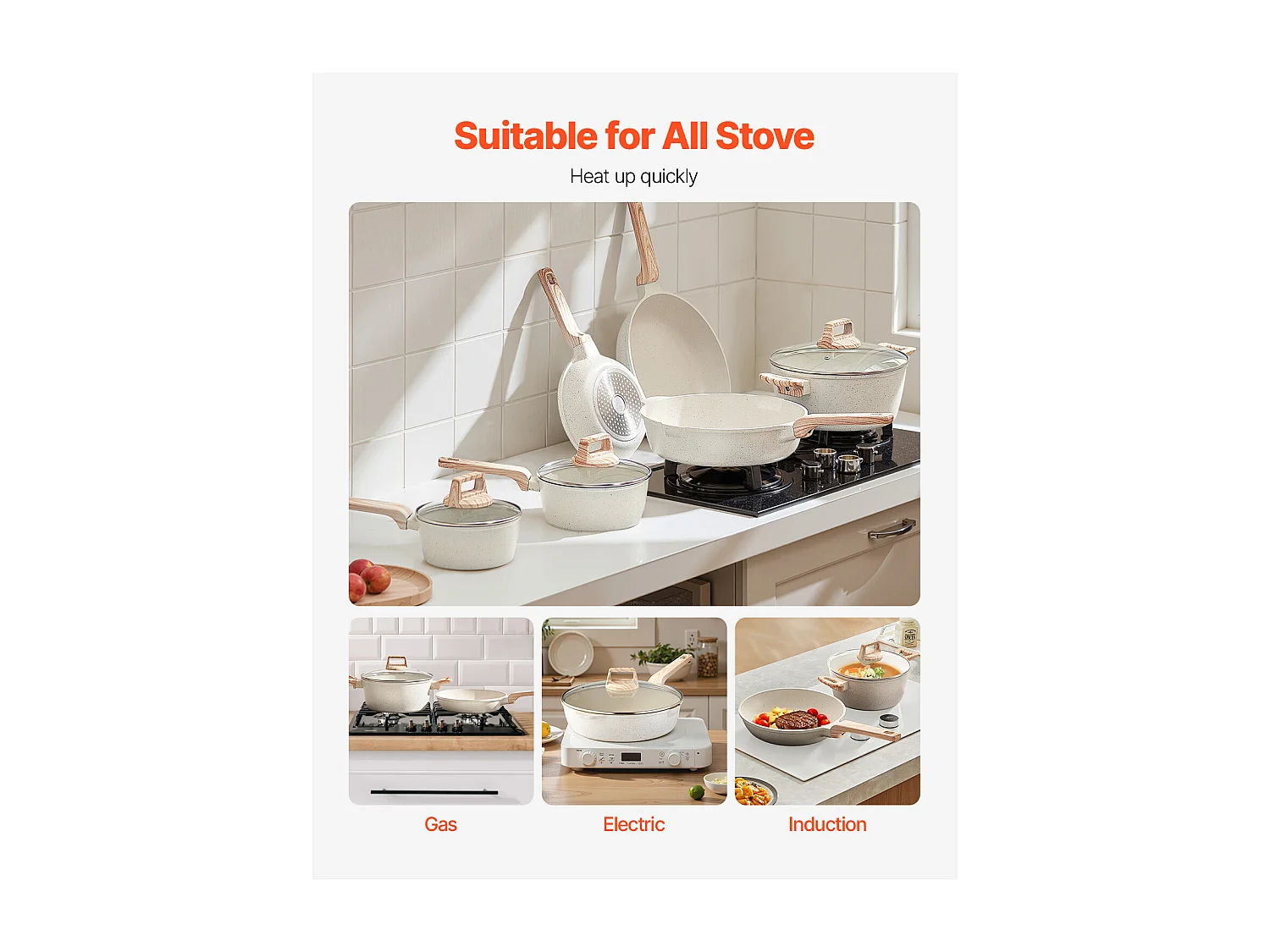 Batterie de Cuisine SucceBuy Batterie de Cuisine en Granit Antiadhésif 17 Pièces-Poêles et Poêles de Cuisine Blanches