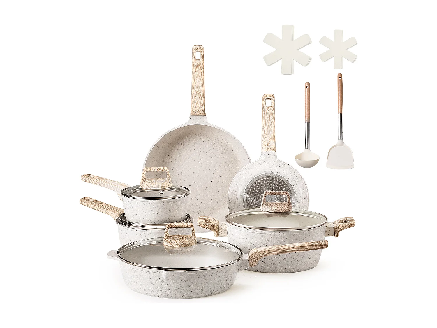 Batterie de Cuisine SucceBuy Batterie de Cuisine en Granit Antiadhésif 17 Pièces-Poêles et Poêles de Cuisine Blanches