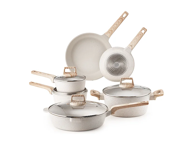 Batterie de Cuisine SucceBuy Batterie de Cuisine en Granit Antiadhésif 17 Pièces-Poêles et Poêles de Cuisine Blanches