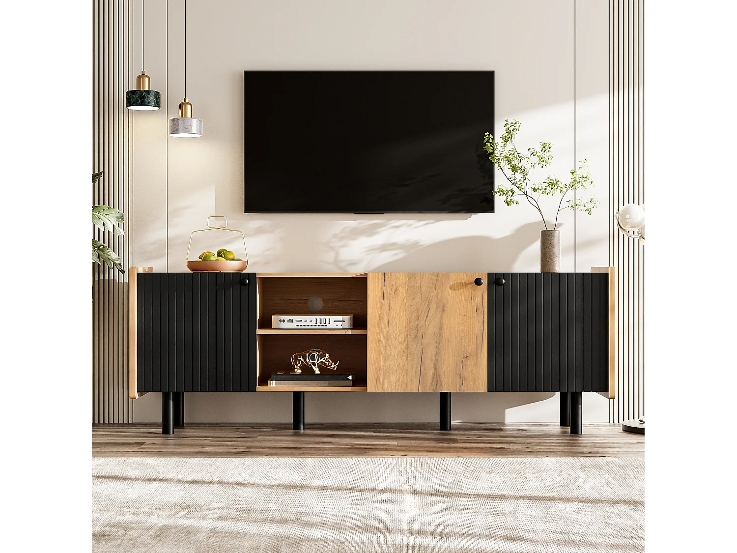 Meuble TV moderne  - 160 x 38 x 57 cm - avec 3 portes + 2 compartiments ouverts - MDF - noir