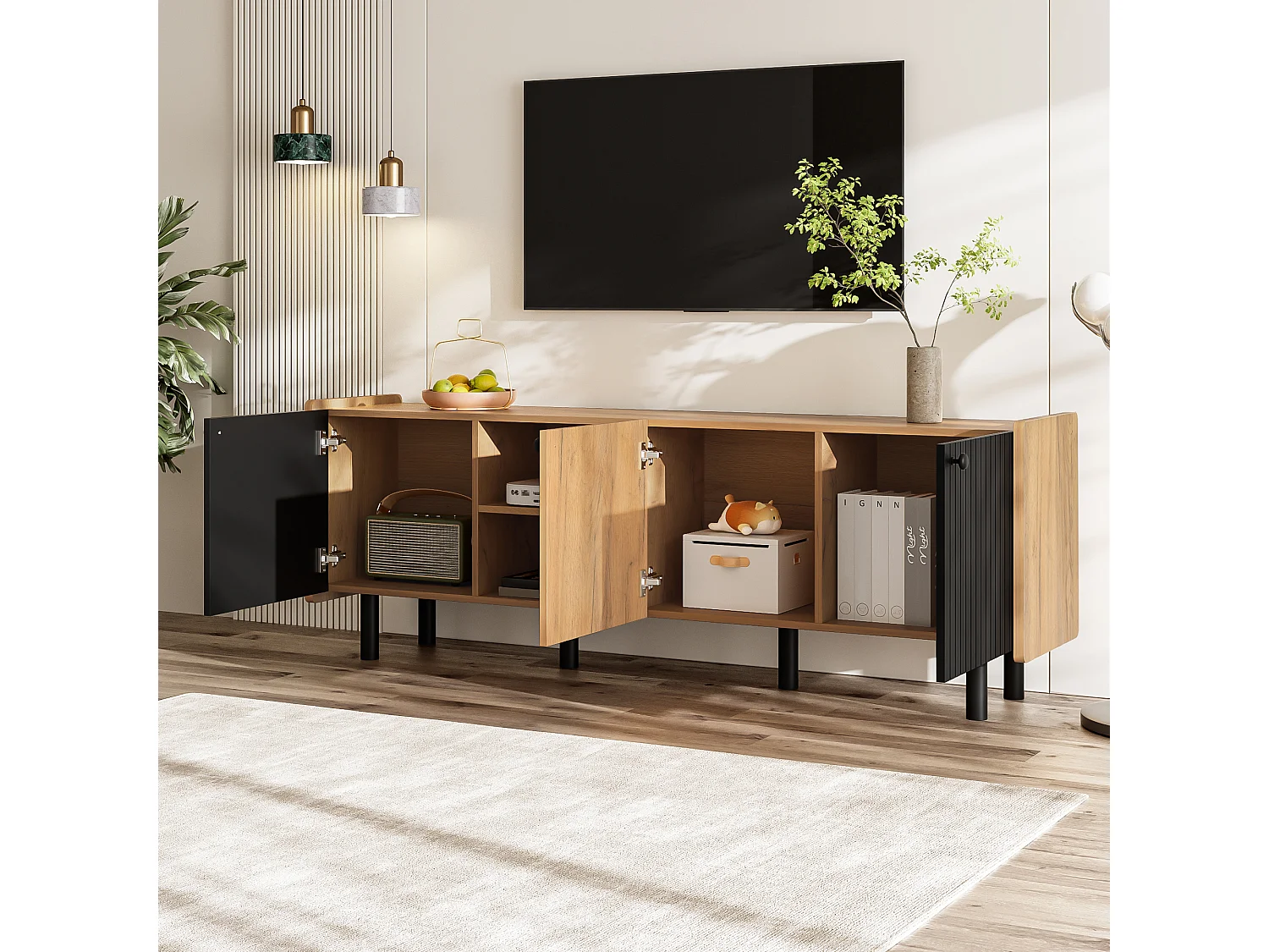 Moderner TV-Schrank - 160 x 38 x 57 cm - mit 3 Türen + 2 offenen Fächern - MDF - schwarz