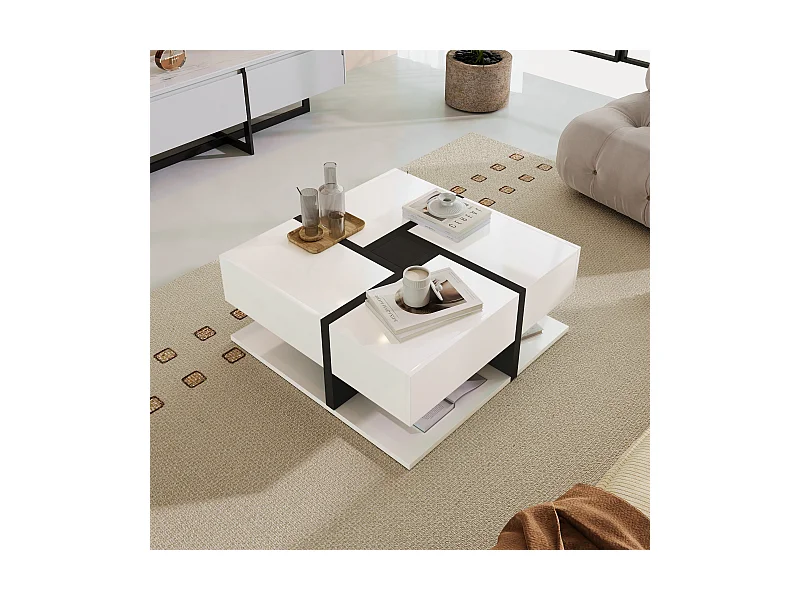 Table basse brillante avec 4 tiroirs - 78 x 78 x 36 cm - espace de rangement en dessous - aggloméré - blanc