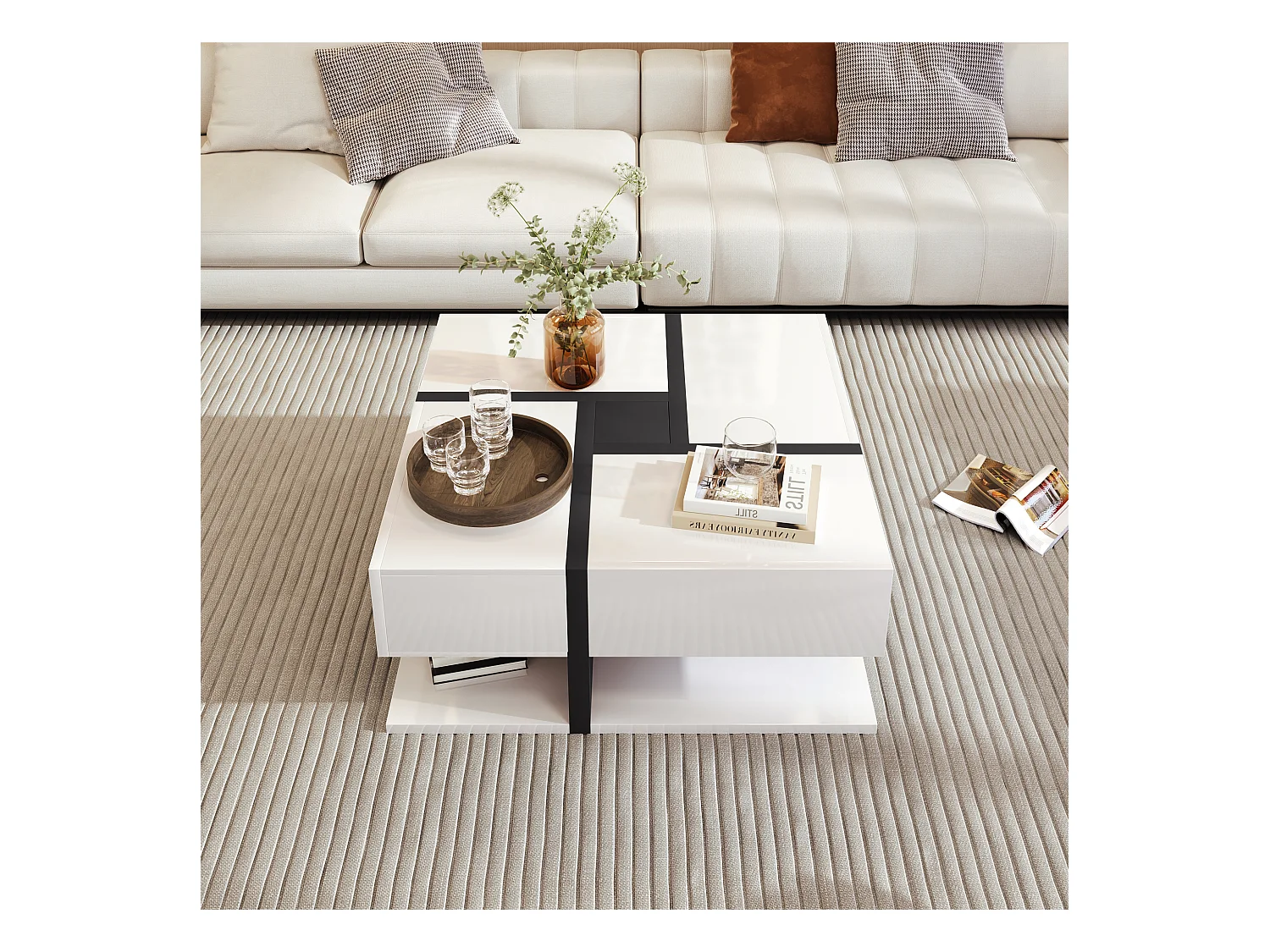 Table basse brillante avec 4 tiroirs - 78 x 78 x 36 cm - espace de rangement en dessous - aggloméré - blanc