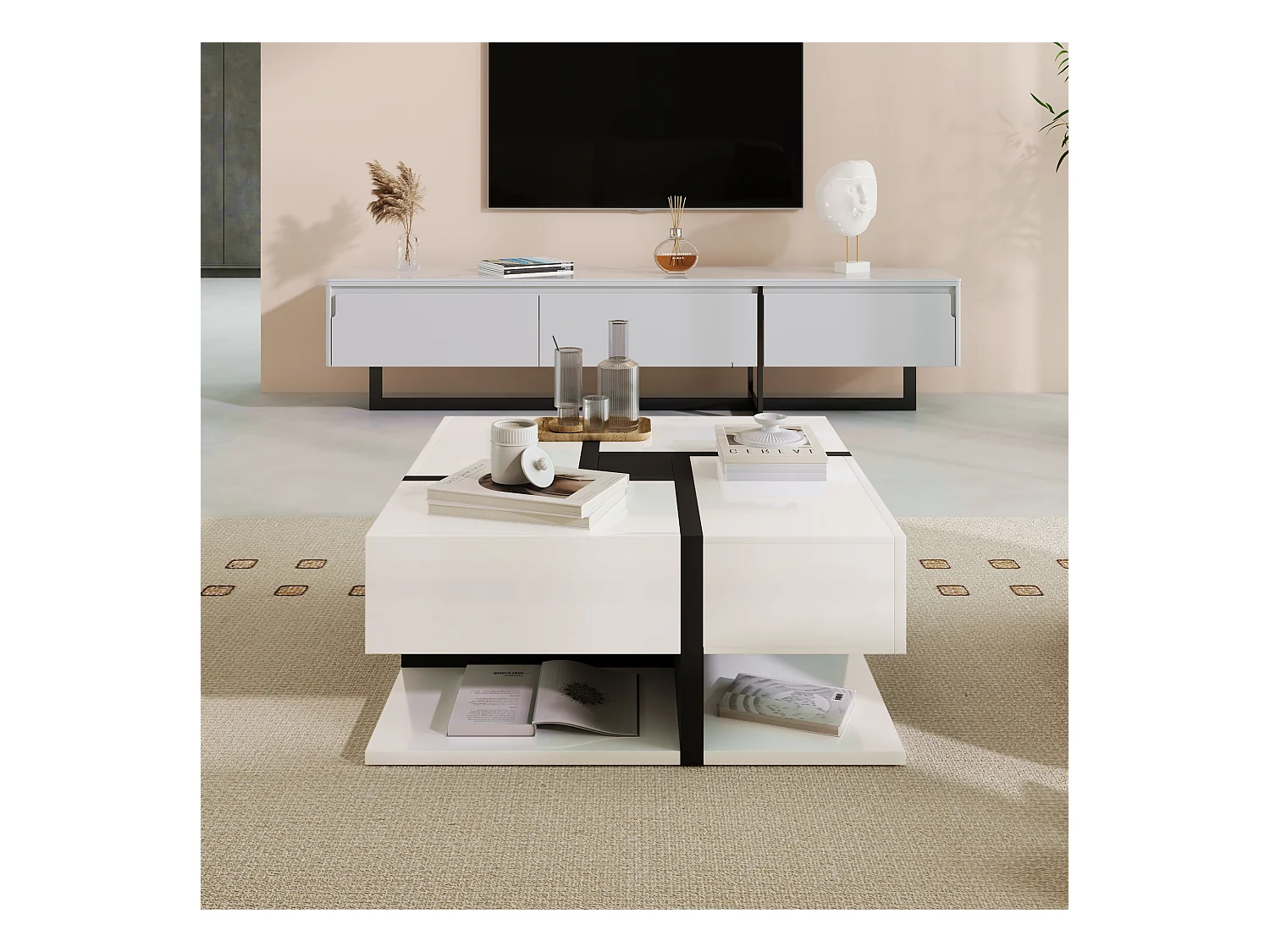 Table basse brillante avec 4 tiroirs - 78 x 78 x 36 cm - espace de rangement en dessous - aggloméré - blanc