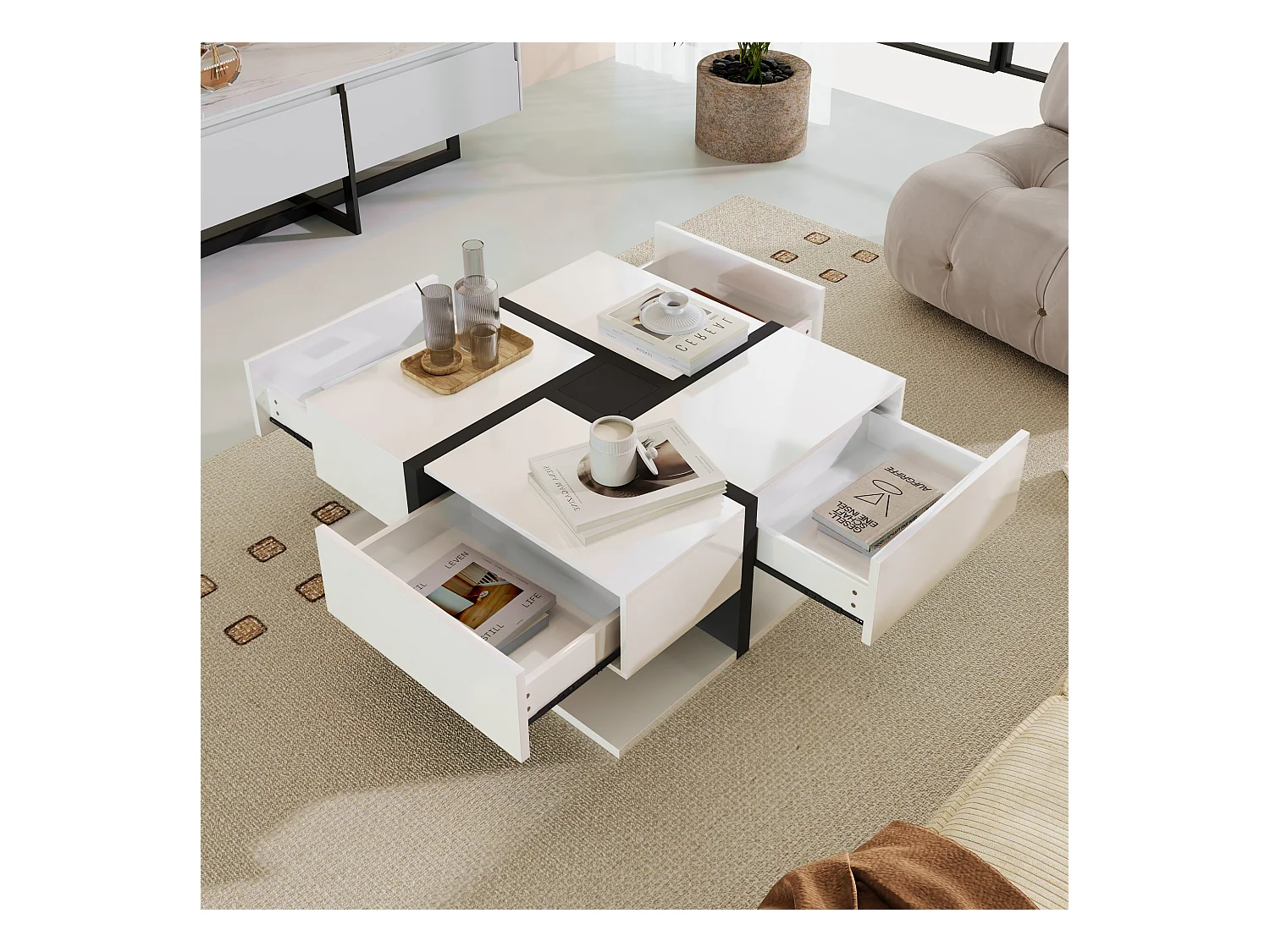 Mesa de centro de alto brilho com 4 gavetas - 78 x 78 x 36 cm - espaço de armazenamento embaixo - aglomerado - branco