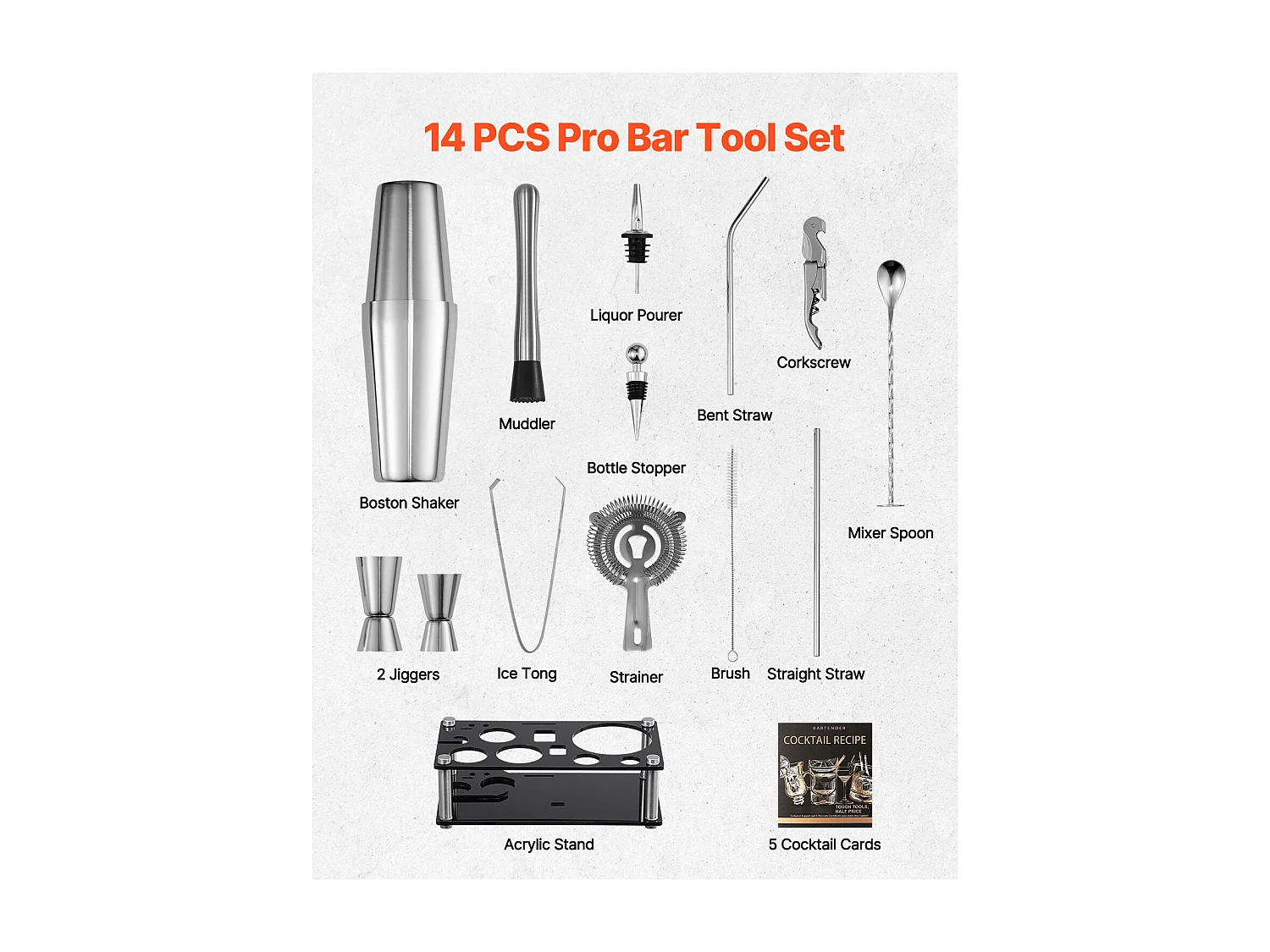 Cocktail SucceBuy Ensemble de Shaker à Cocktail 14 Pièces, Kit d'Accessoires pour Barman en Acier Inoxydable Avec Support en Acrylique, Cuillère à Mélanger, Pilon