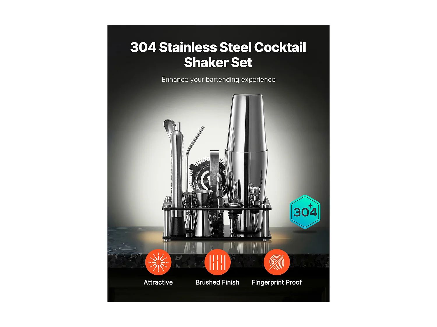 Cocktail SucceBuy Ensemble de Shaker à Cocktail 14 Pièces, Kit d'Accessoires pour Barman en Acier Inoxydable Avec Support en Acrylique, Cuillère à Mélanger, Pilon