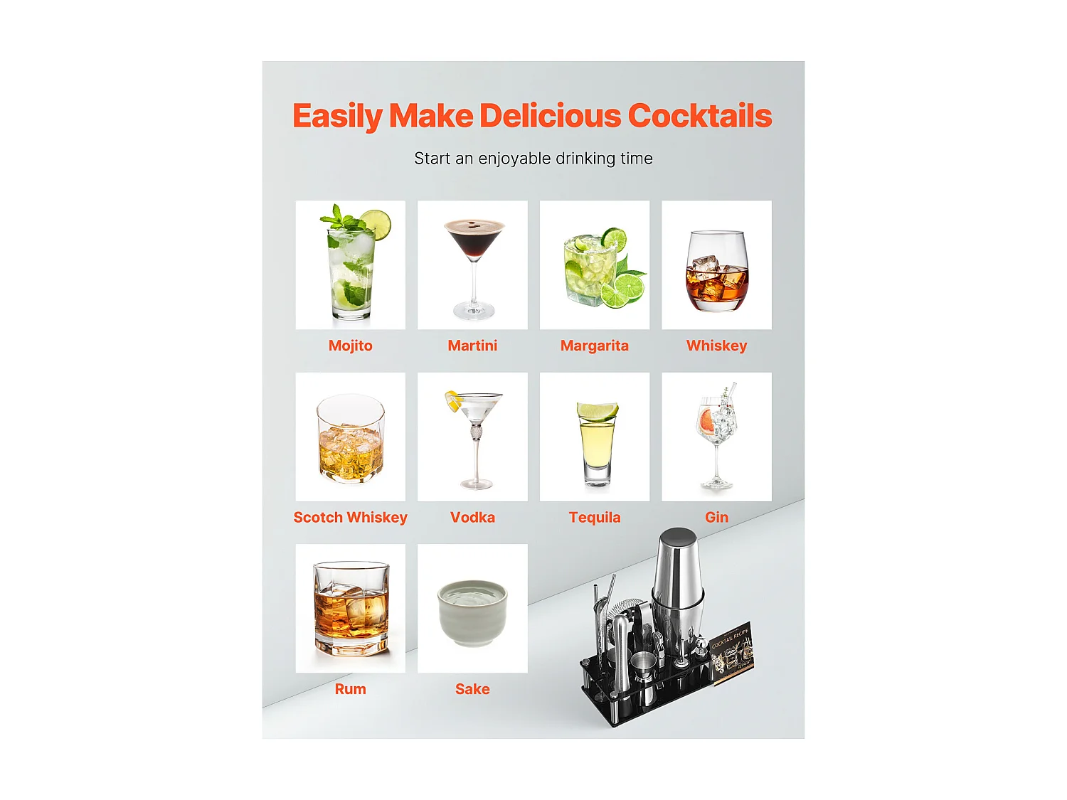 Cocktail SucceBuy Ensemble de Shaker à Cocktail 14 Pièces, Kit d'Accessoires pour Barman en Acier Inoxydable Avec Support en Acrylique, Cuillère à Mélanger, Pilon