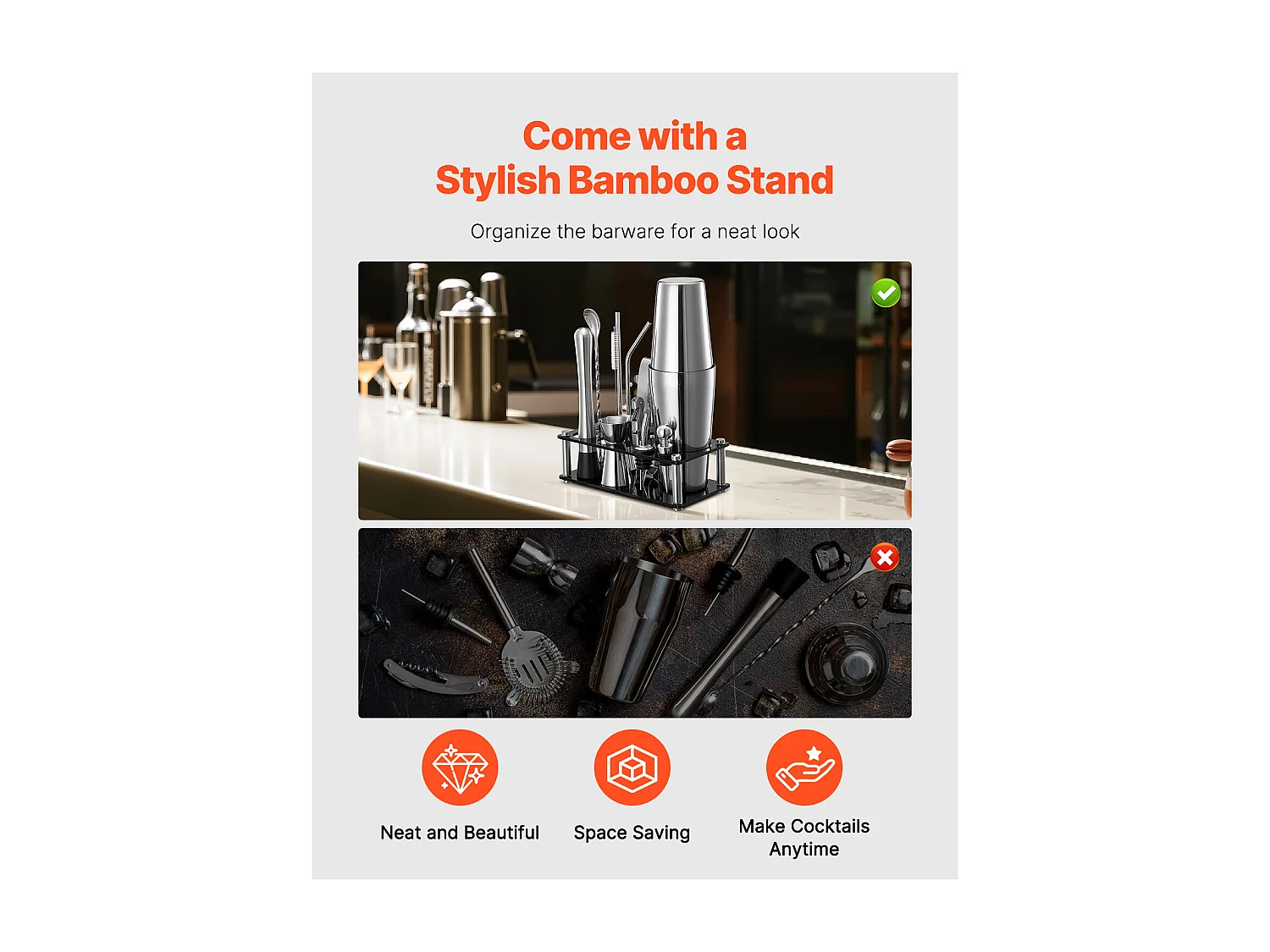 Cocktail SucceBuy Ensemble de Shaker à Cocktail 14 Pièces, Kit d'Accessoires pour Barman en Acier Inoxydable Avec Support en Acrylique, Cuillère à Mélanger, Pilon