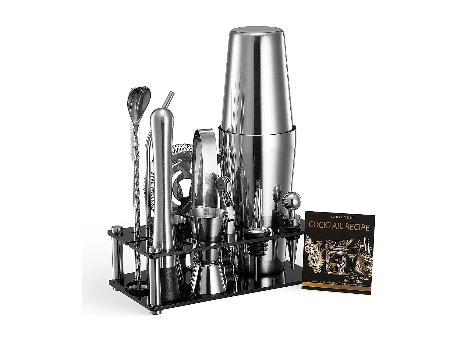 Cocktail SucceBuy Ensemble de Shaker à Cocktail 14 Pièces, Kit d'Accessoires pour Barman en Acier Inoxydable Avec Support en Acrylique, Cuillère à Mélanger, Pilon