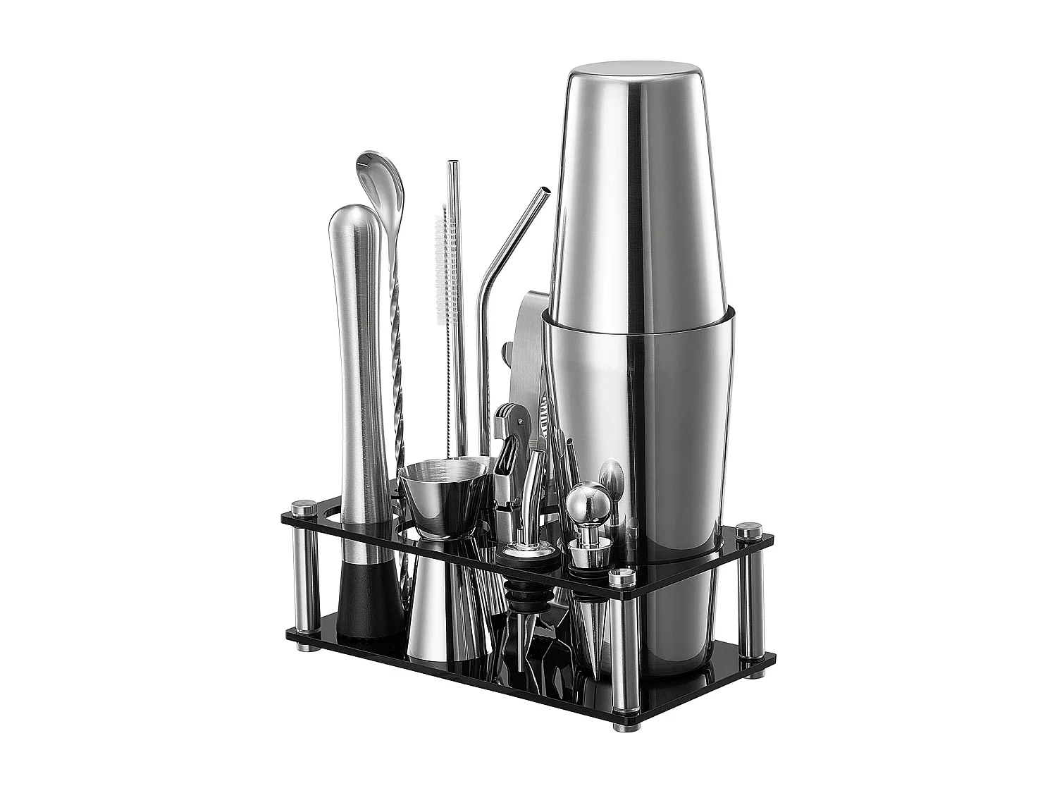 Cocktail SucceBuy Ensemble de Shaker à Cocktail 14 Pièces, Kit d'Accessoires pour Barman en Acier Inoxydable Avec Support en Acrylique, Cuillère à Mélanger, Pilon