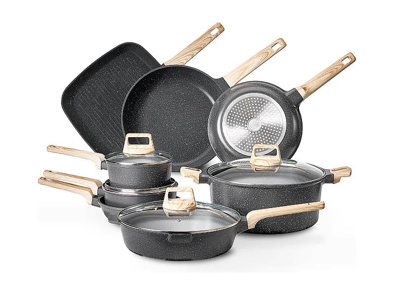 Batterie de Cuisine SucceBuy Batterie de Cuisine Antiadhésive en Granit, 19 Pièces-Noir