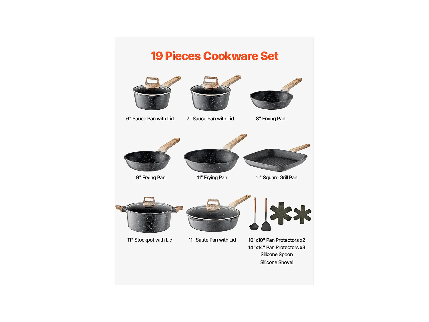 Utensílios de Cozinha SucceBuy Trem de Cozinha Antiaderentes em Granito com 19 Peças - Preto