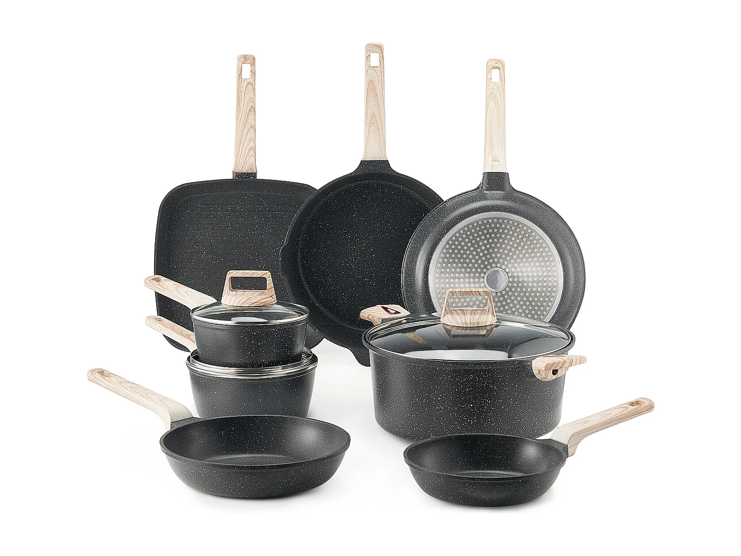 Utensílios de Cozinha SucceBuy Trem de Cozinha Antiaderentes em Granito com 19 Peças - Preto