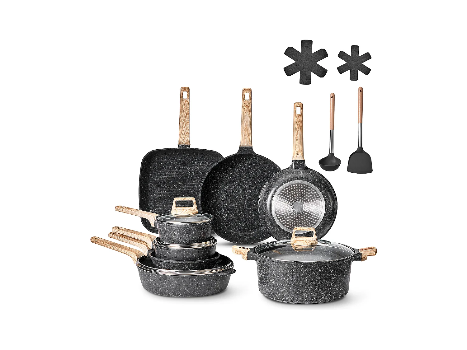 Utensílios de Cozinha SucceBuy Trem de Cozinha Antiaderentes em Granito com 19 Peças - Preto