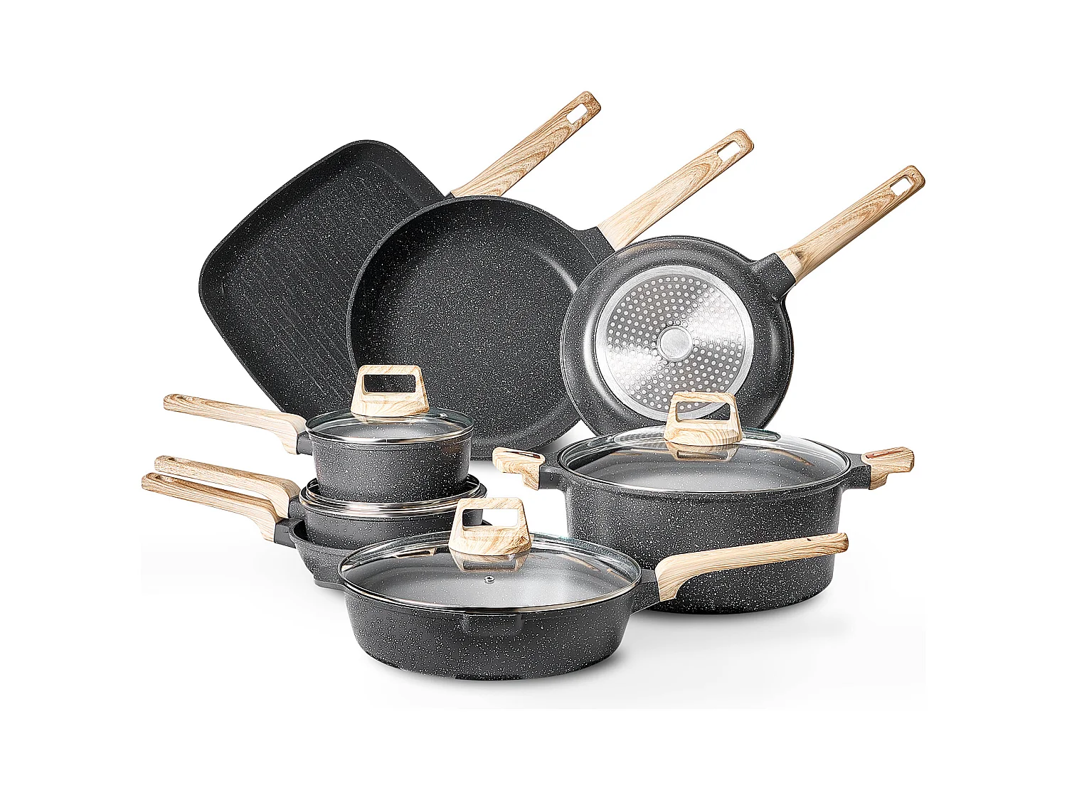 Batterie de Cuisine SucceBuy Batterie de Cuisine Antiadhésive en Granit, 19 Pièces-Noir