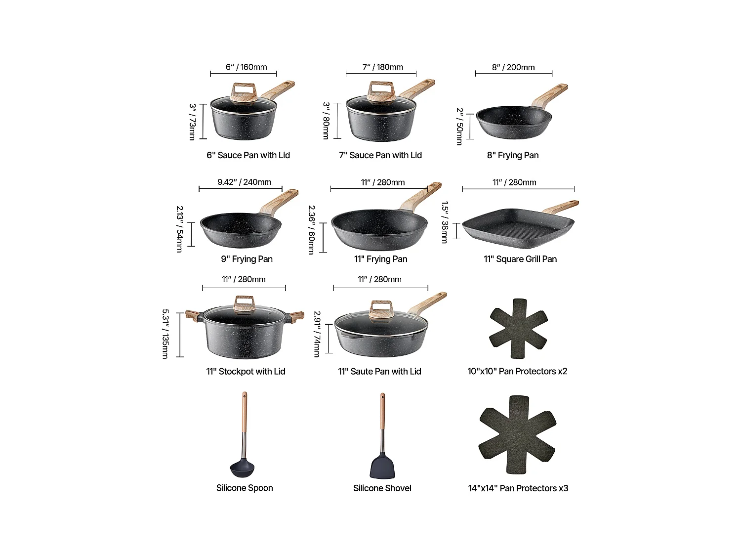 Batterie de Cuisine SucceBuy Batterie de Cuisine Antiadhésive en Granit, 19 Pièces-Noir