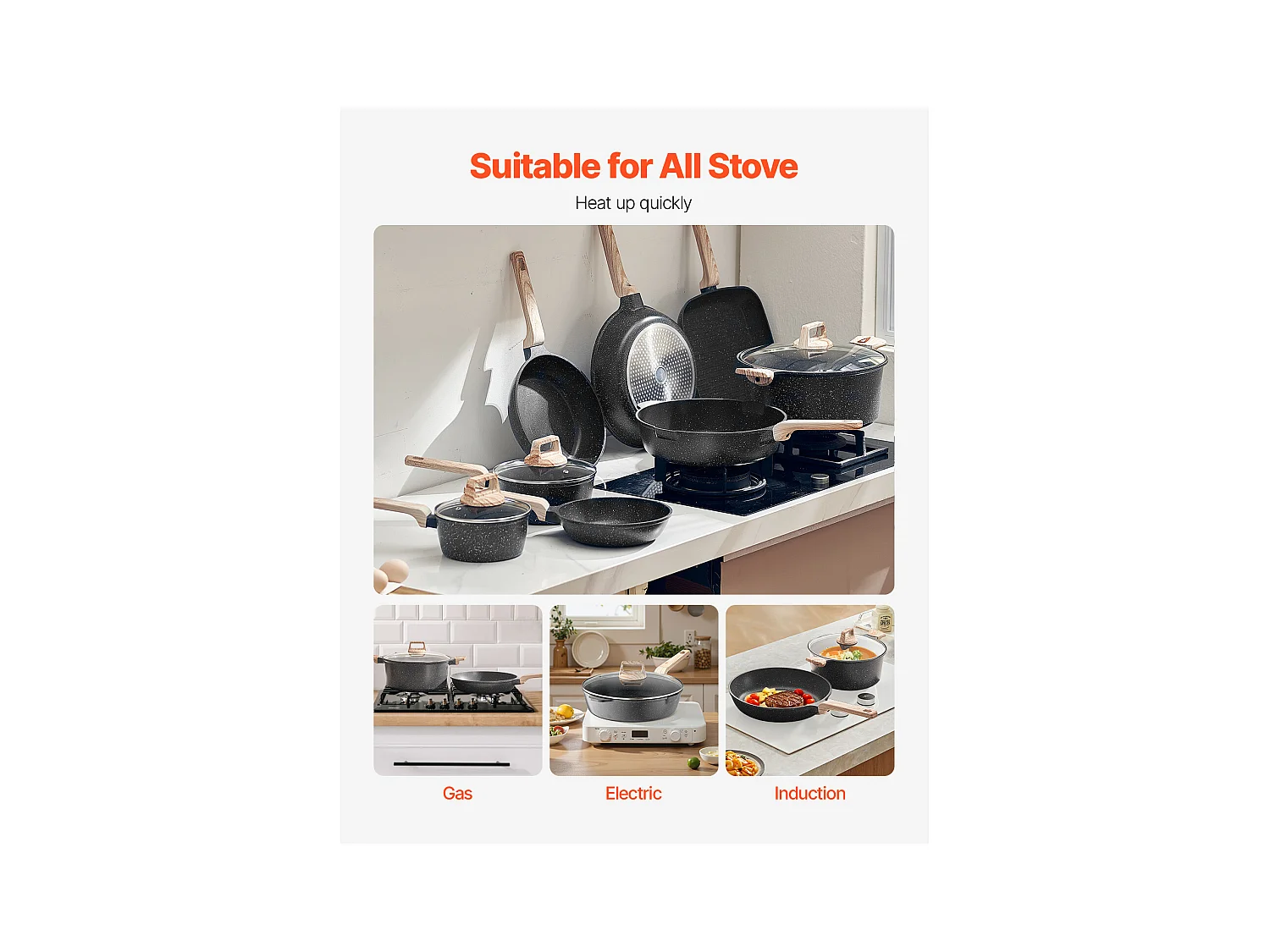 Batterie de Cuisine SucceBuy Batterie de Cuisine Antiadhésive en Granit, 19 Pièces-Noir