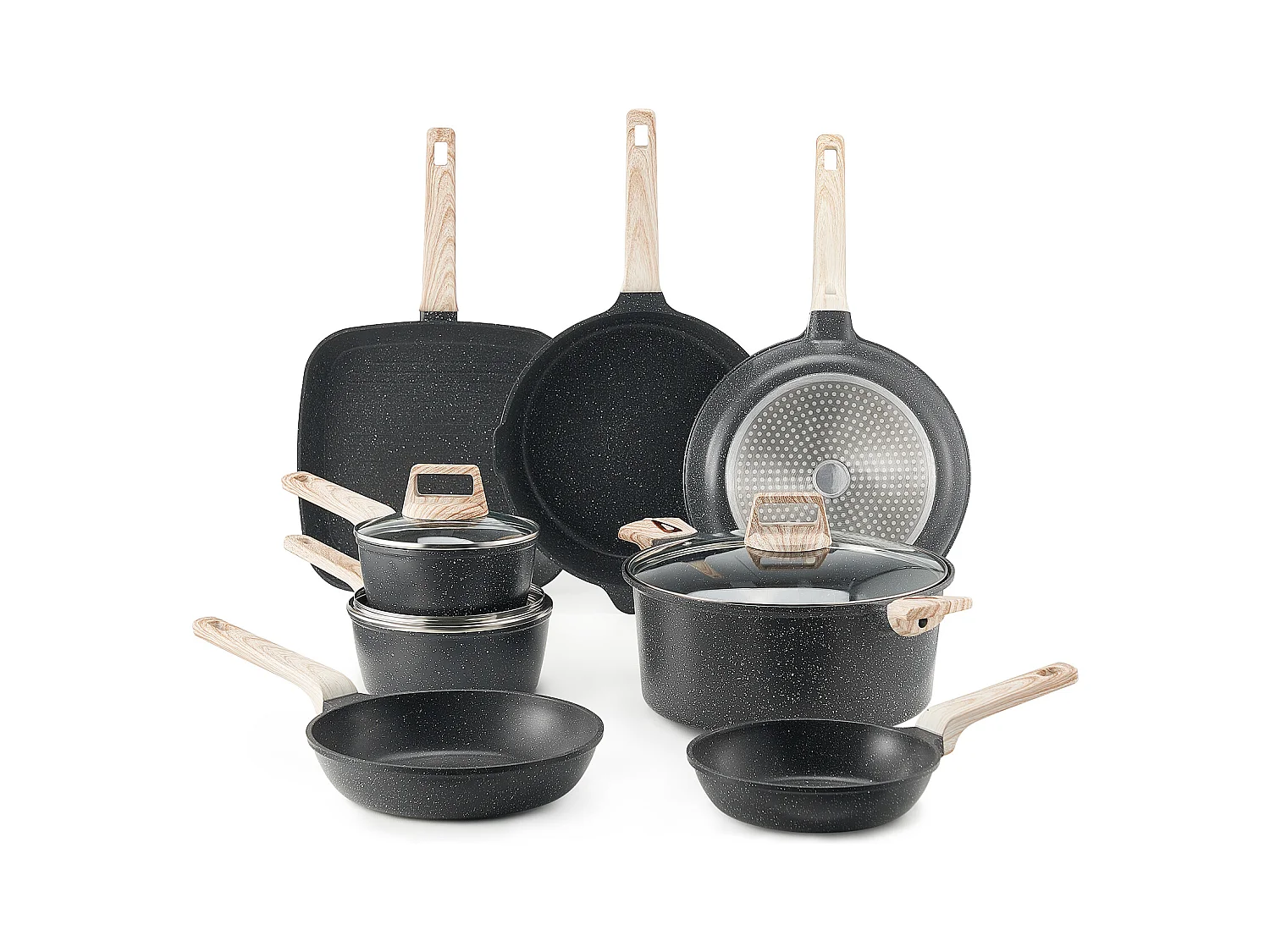 Batterie de Cuisine SucceBuy Batterie de Cuisine Antiadhésive en Granit, 19 Pièces-Noir