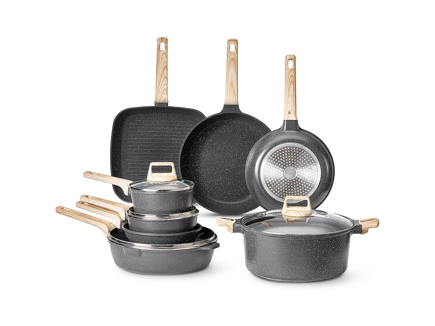 Batterie de Cuisine SucceBuy Batterie de Cuisine Antiadhésive en Granit, 19 Pièces-Noir