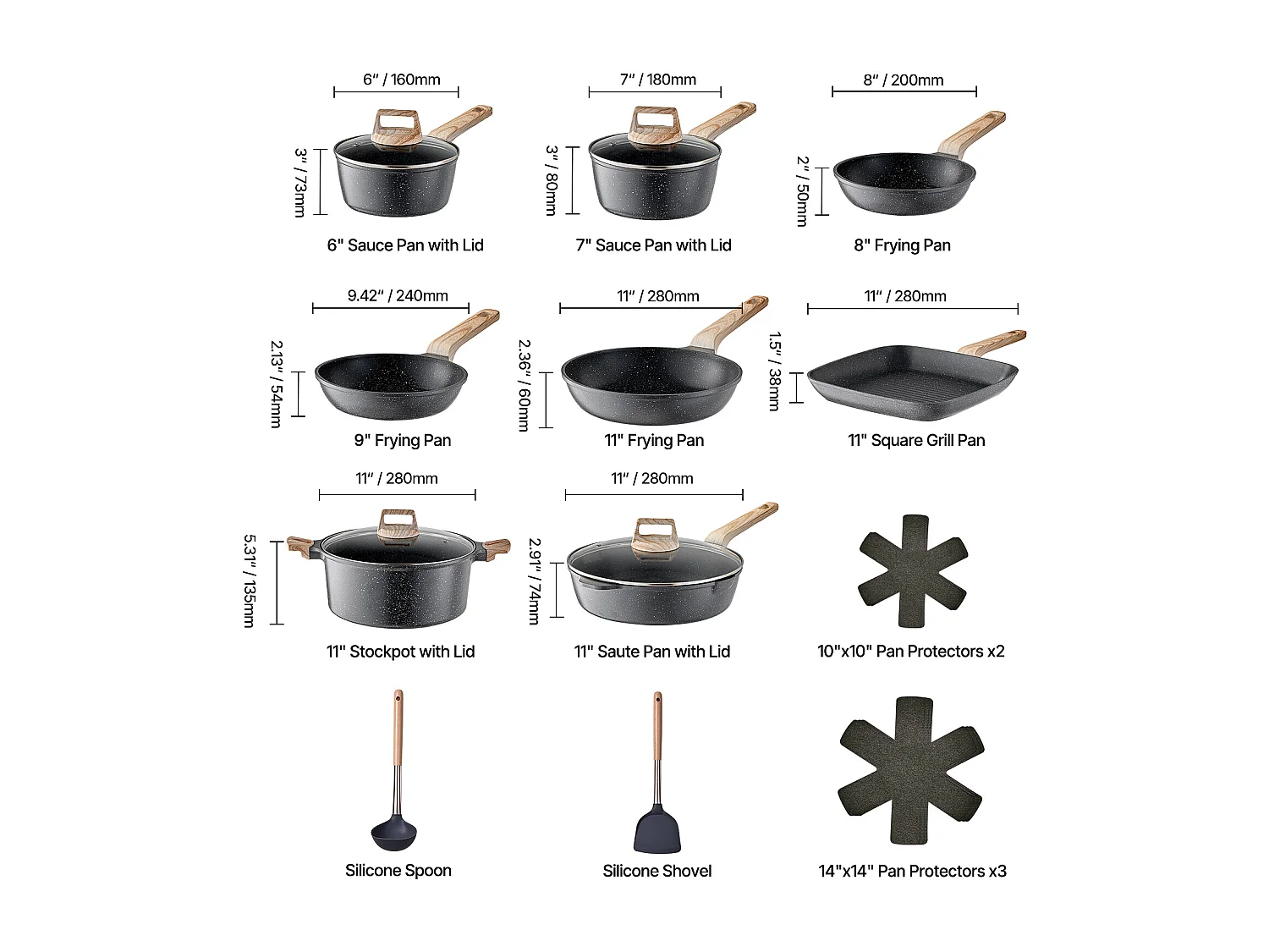 Batterie de Cuisine SucceBuy Batterie de Cuisine Antiadhésive en Granit, 19 Pièces-Noir