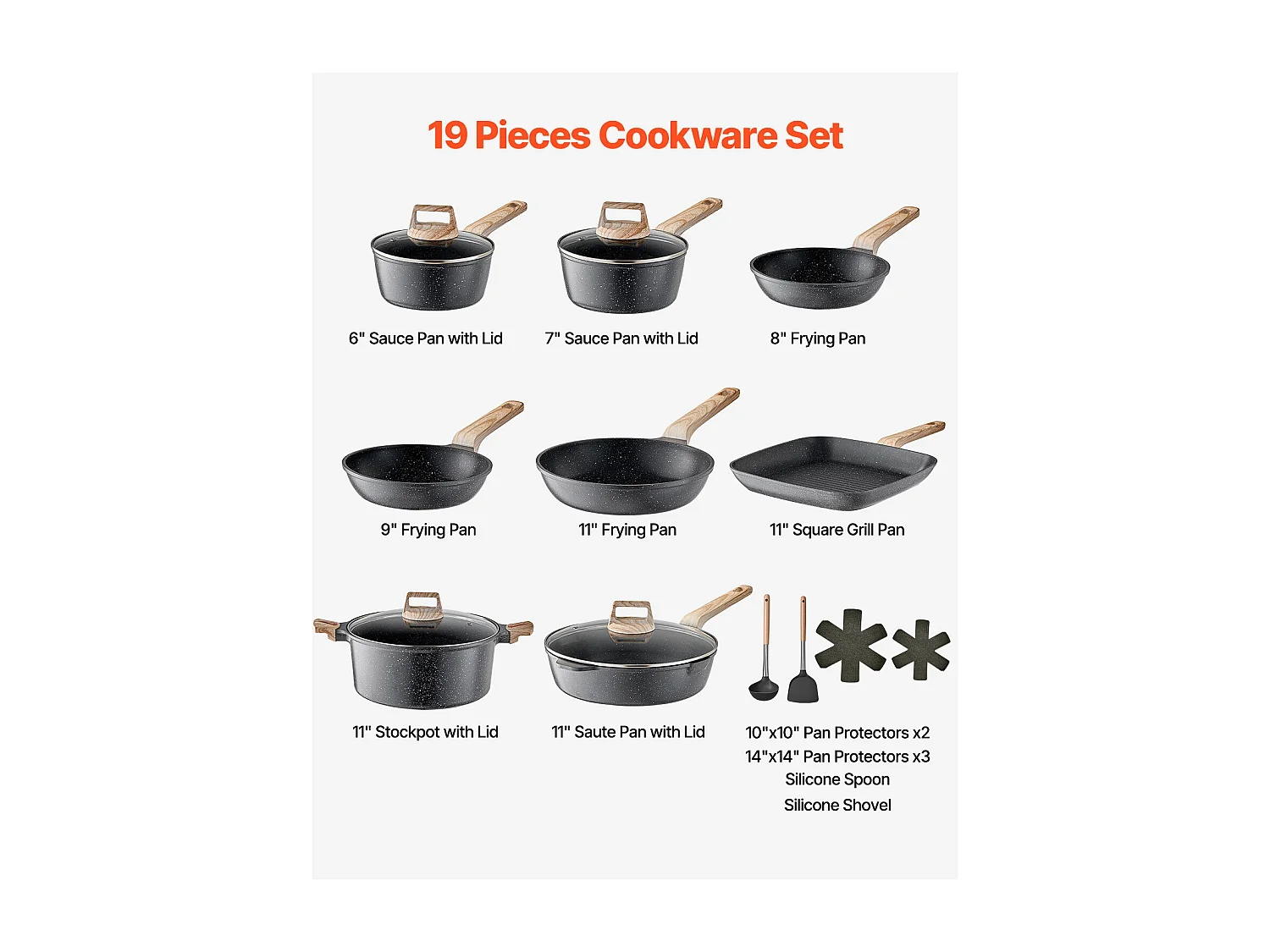 Batterie de Cuisine SucceBuy Batterie de Cuisine Antiadhésive en Granit, 19 Pièces-Noir