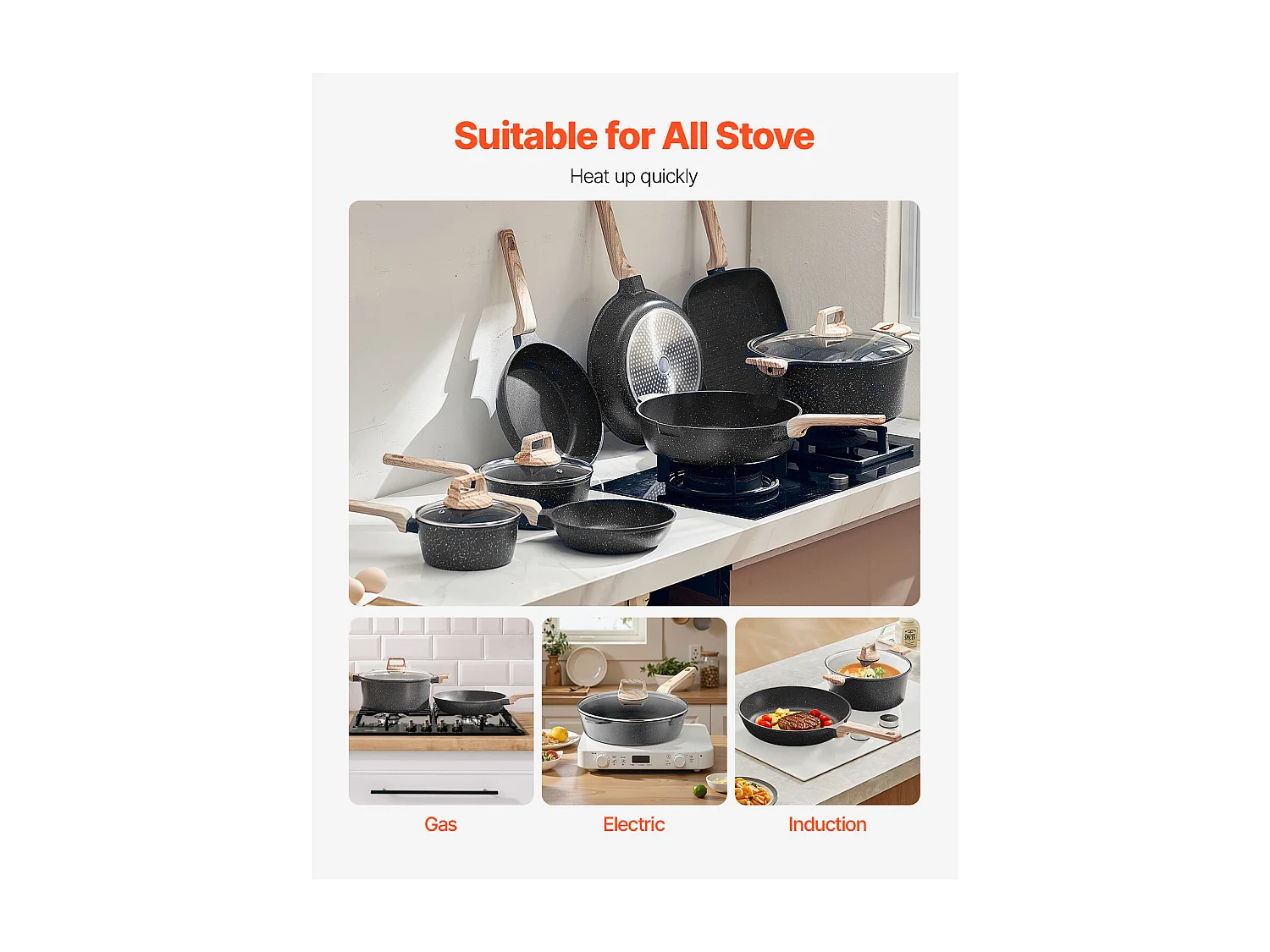 Batterie de Cuisine SucceBuy Batterie de Cuisine Antiadhésive en Granit, 19 Pièces-Noir