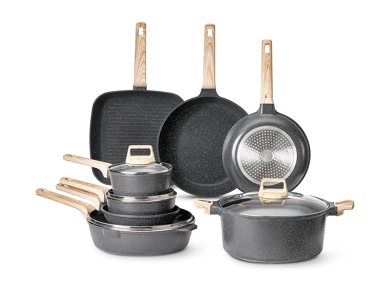 Batterie de Cuisine SucceBuy Batterie de Cuisine Antiadhésive en Granit, 19 Pièces-Noir