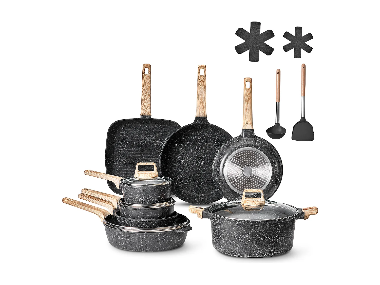 Batterie de Cuisine SucceBuy Batterie de Cuisine Antiadhésive en Granit, 19 Pièces-Noir