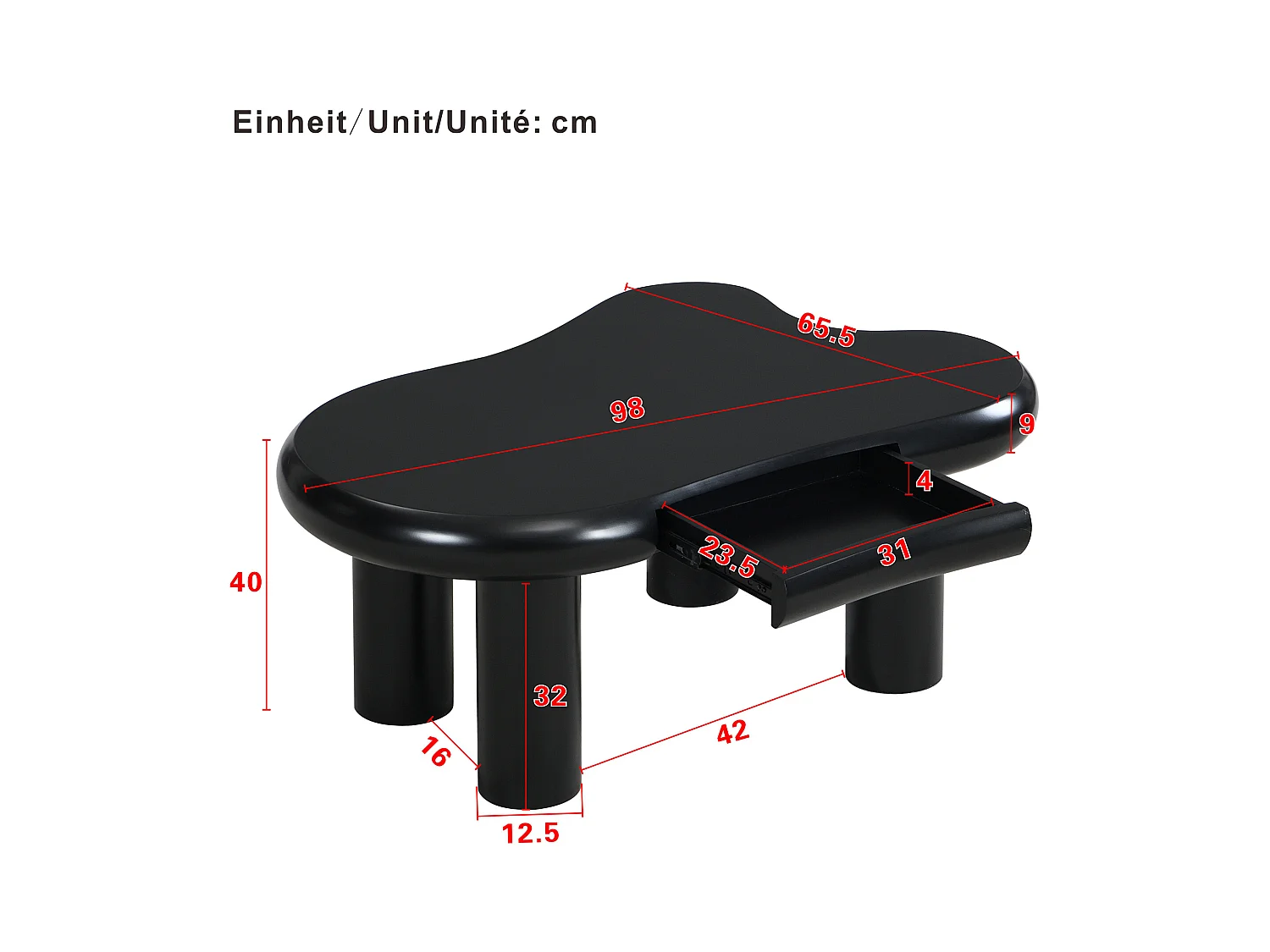 Table basse avec Leds - 98 x 65.5 x 40 cm - avec 1 tiroir – en forme de nuage - MDF - noir