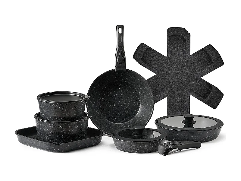 Batterie de Cuisine SucceBuy Batterie de Cuisine Antiadhésive en Granit, 17 Pièces-Noir