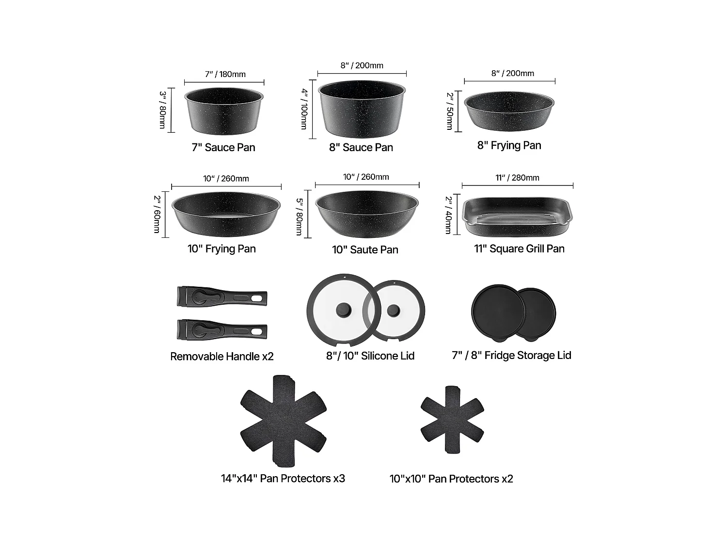 Batterie de Cuisine SucceBuy Batterie de Cuisine Antiadhésive en Granit, 17 Pièces-Noir