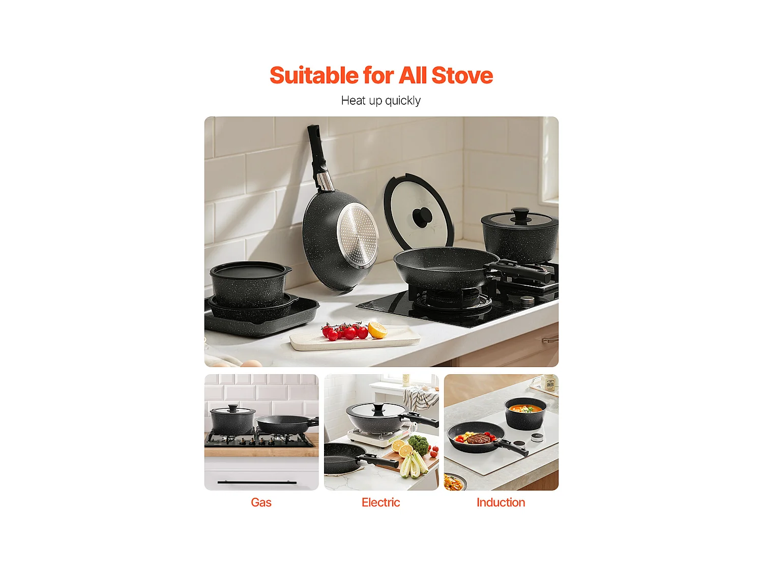 Batterie de Cuisine SucceBuy Batterie de Cuisine Antiadhésive en Granit, 17 Pièces-Noir