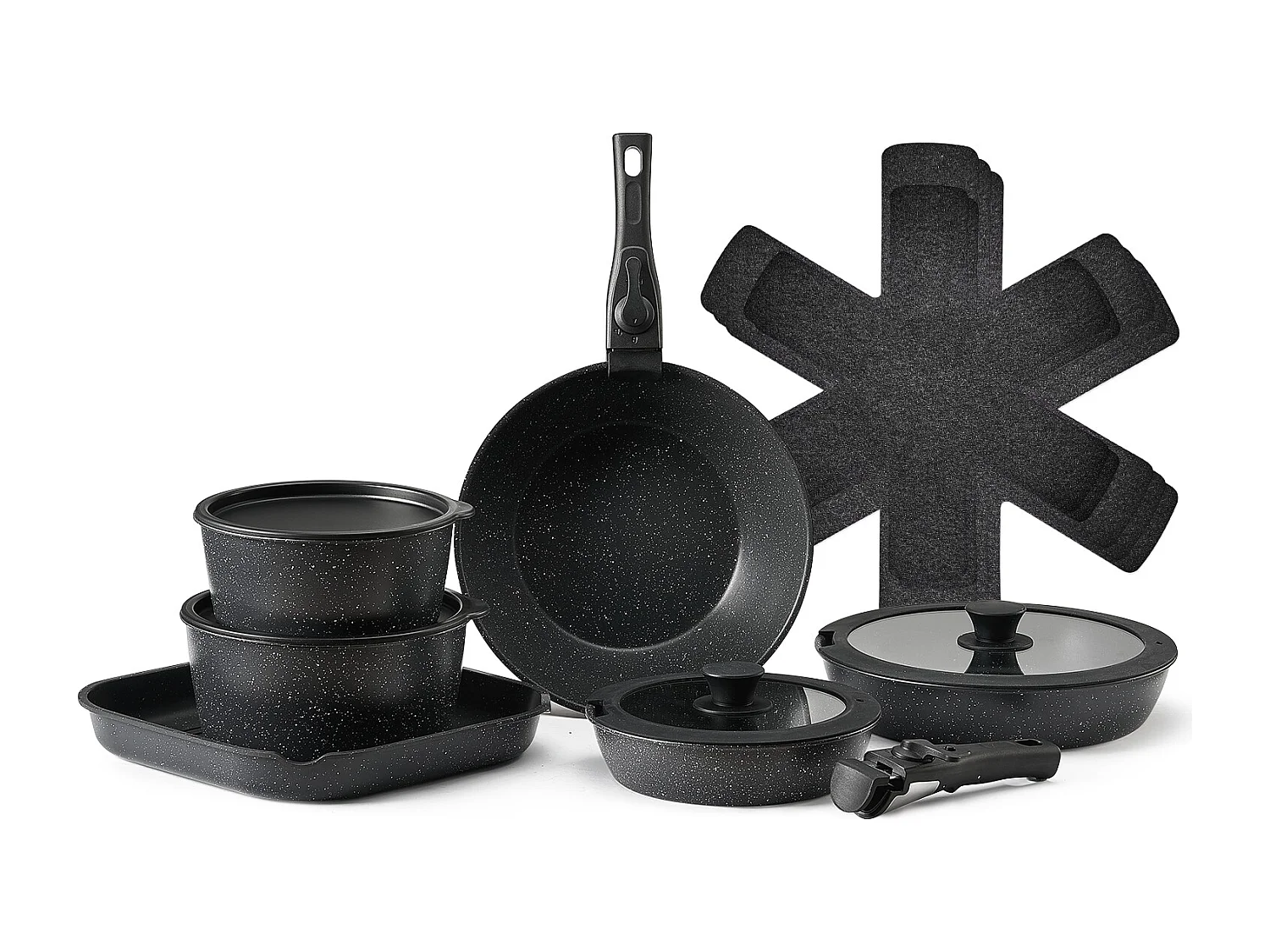 Kochgeschirr SucceBuy 17-teiliges Granit-Kochgeschirrset mit Antihaftbeschichtung und Abnehmbaren Griffen, Bratpfannen, Sauteusen und Deckeln, Schwarz