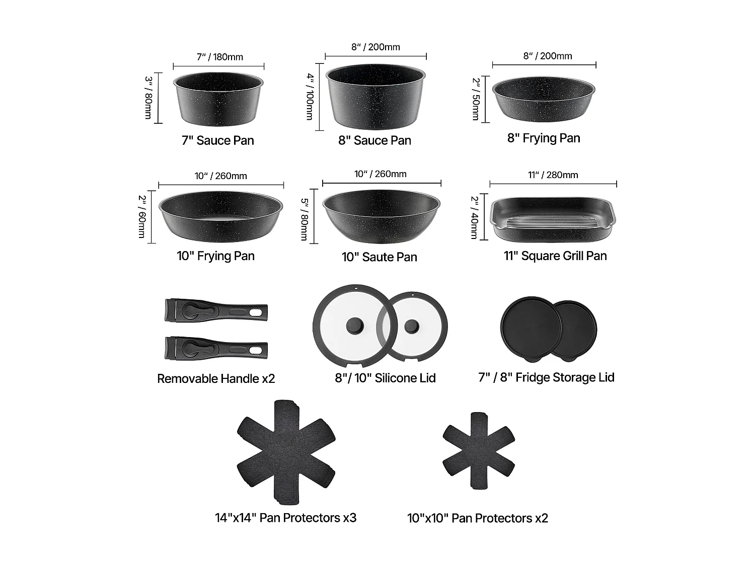 Kochgeschirr SucceBuy 17-teiliges Granit-Kochgeschirrset mit Antihaftbeschichtung und Abnehmbaren Griffen, Bratpfannen, Sauteusen und Deckeln, Schwarz