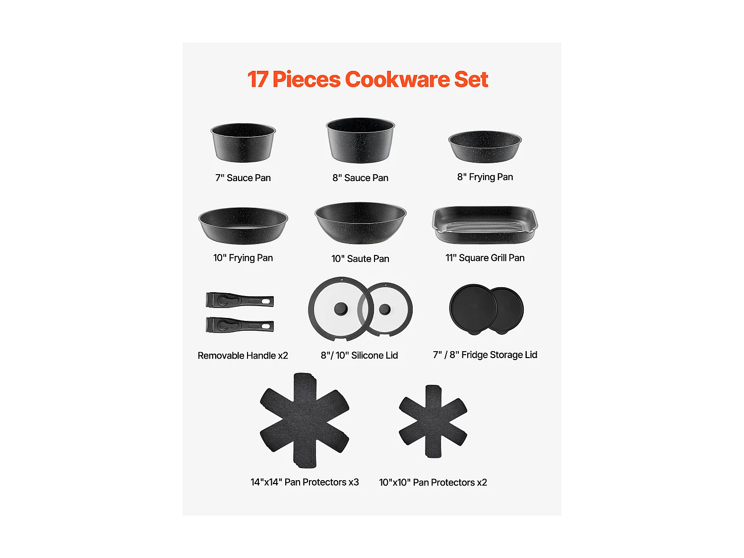 Kochgeschirr SucceBuy 17-teiliges Granit-Kochgeschirrset mit Antihaftbeschichtung und Abnehmbaren Griffen, Bratpfannen, Sauteusen und Deckeln, Schwarz