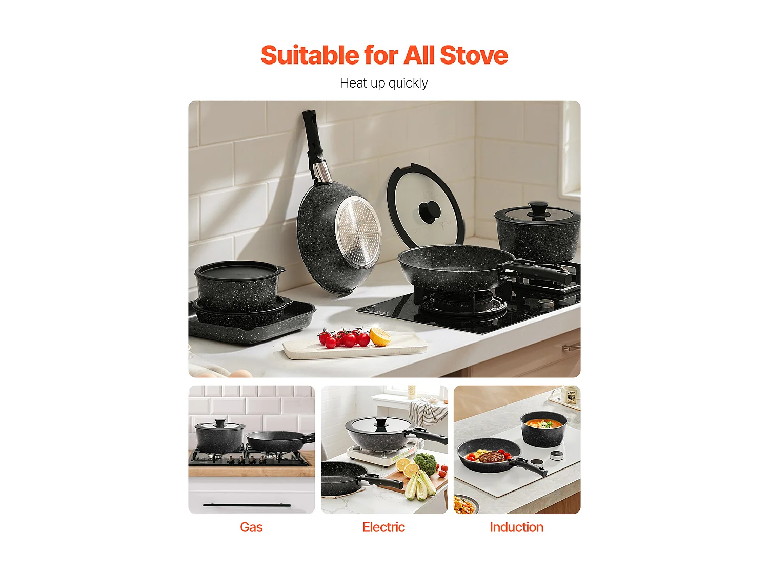 Kochgeschirr SucceBuy 17-teiliges Granit-Kochgeschirrset mit Antihaftbeschichtung und Abnehmbaren Griffen, Bratpfannen, Sauteusen und Deckeln, Schwarz