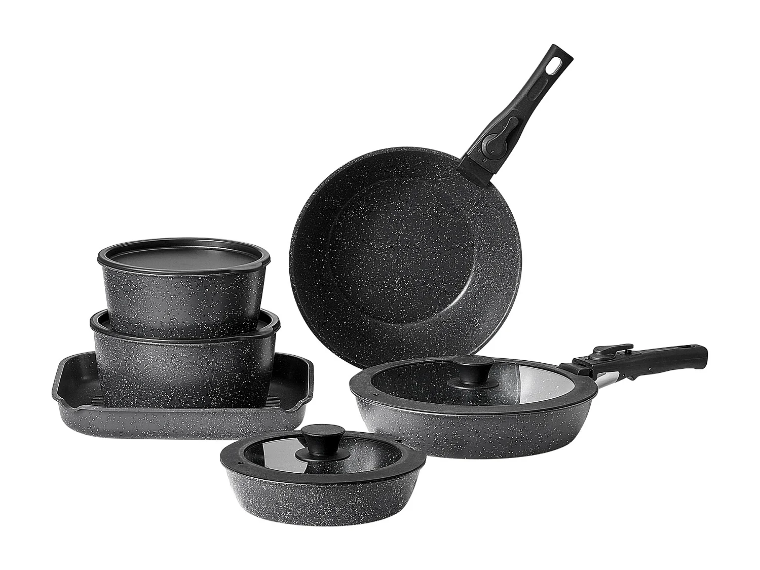 Kochgeschirr SucceBuy 17-teiliges Granit-Kochgeschirrset mit Antihaftbeschichtung und Abnehmbaren Griffen, Bratpfannen, Sauteusen und Deckeln, Schwarz