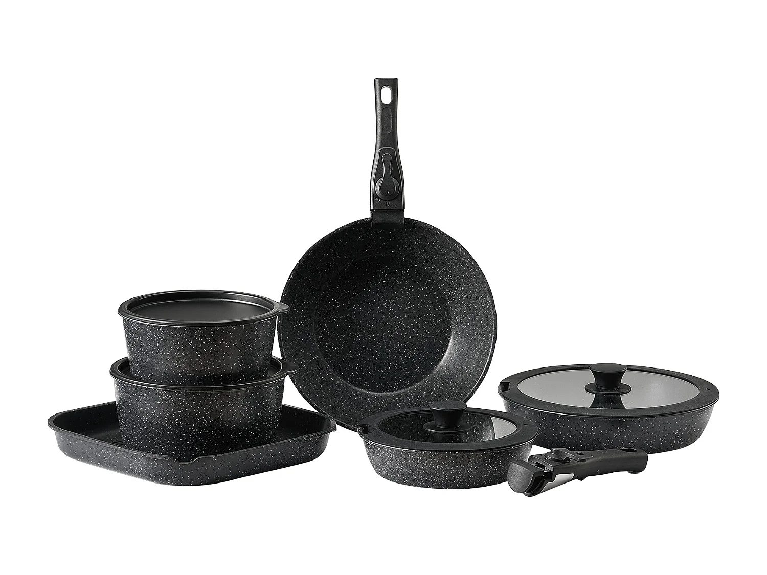 Kochgeschirr SucceBuy 17-teiliges Granit-Kochgeschirrset mit Antihaftbeschichtung und Abnehmbaren Griffen, Bratpfannen, Sauteusen und Deckeln, Schwarz