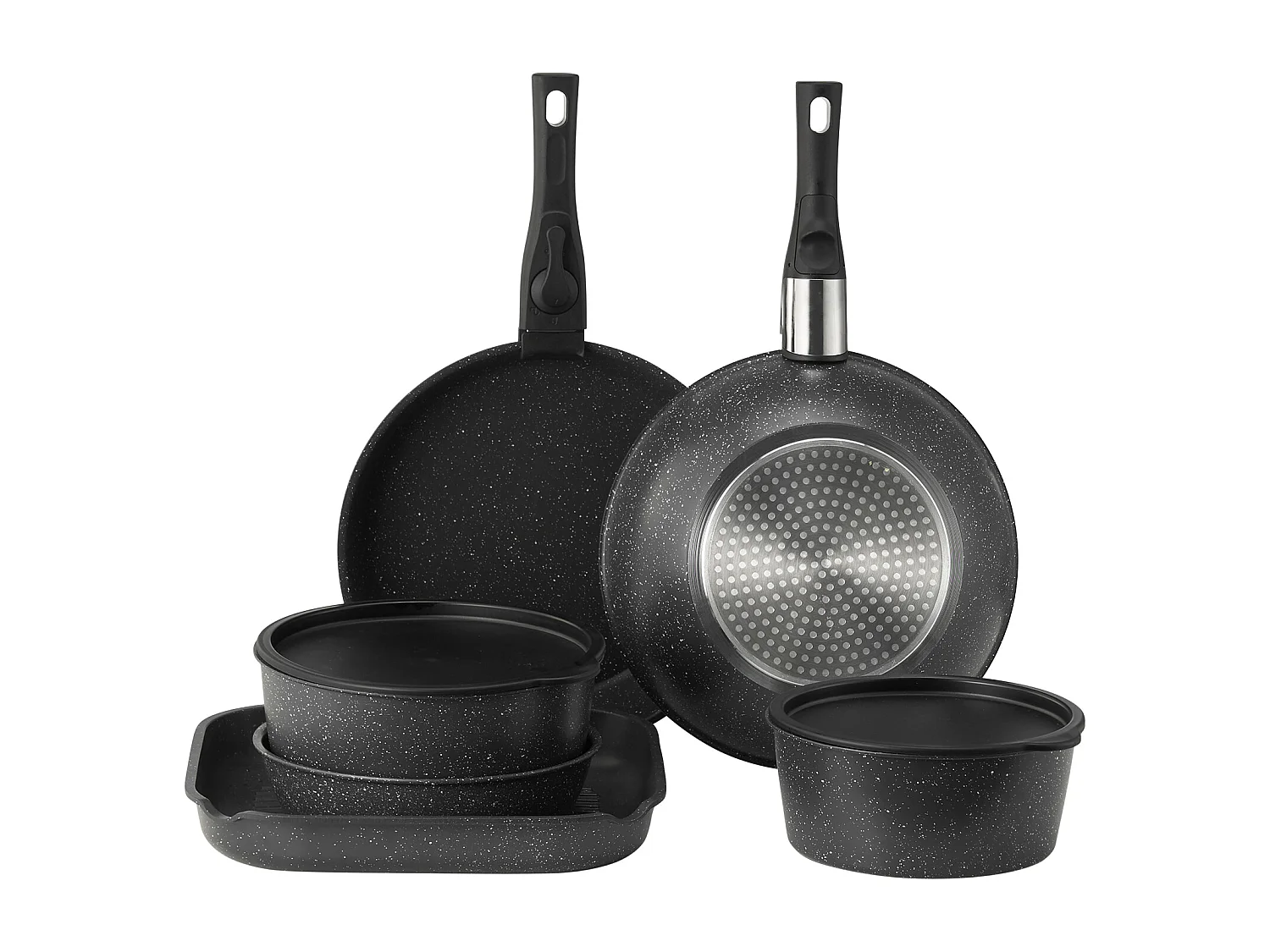 Kochgeschirr SucceBuy 17-teiliges Granit-Kochgeschirrset mit Antihaftbeschichtung und Abnehmbaren Griffen, Bratpfannen, Sauteusen und Deckeln, Schwarz